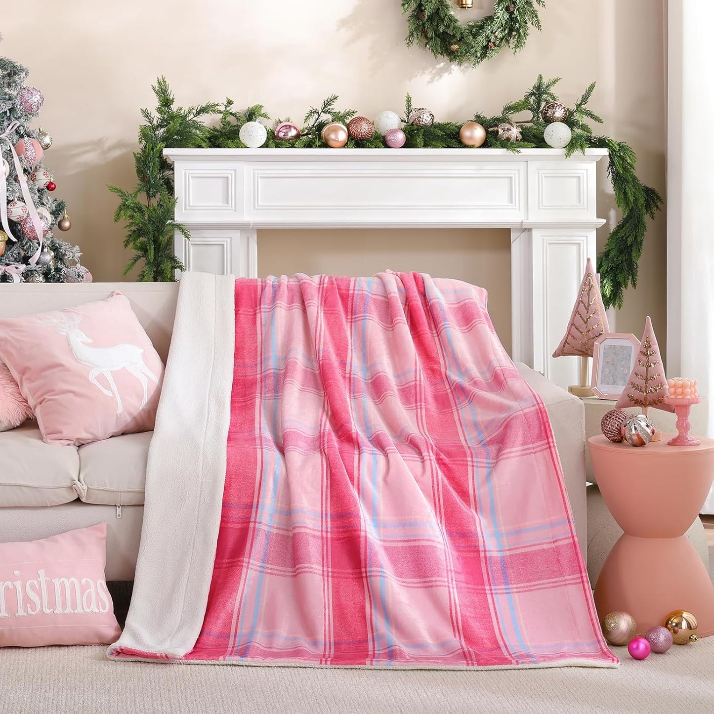Christmas Plaid Pink Blanket - Soft Sherpa & Flannel Throw Blanket for Couch and Bed, Lightweight Cozy Checkered Fleece Blanket 50x60 Inches - Classic Buffalo Style for Christmas Decor
