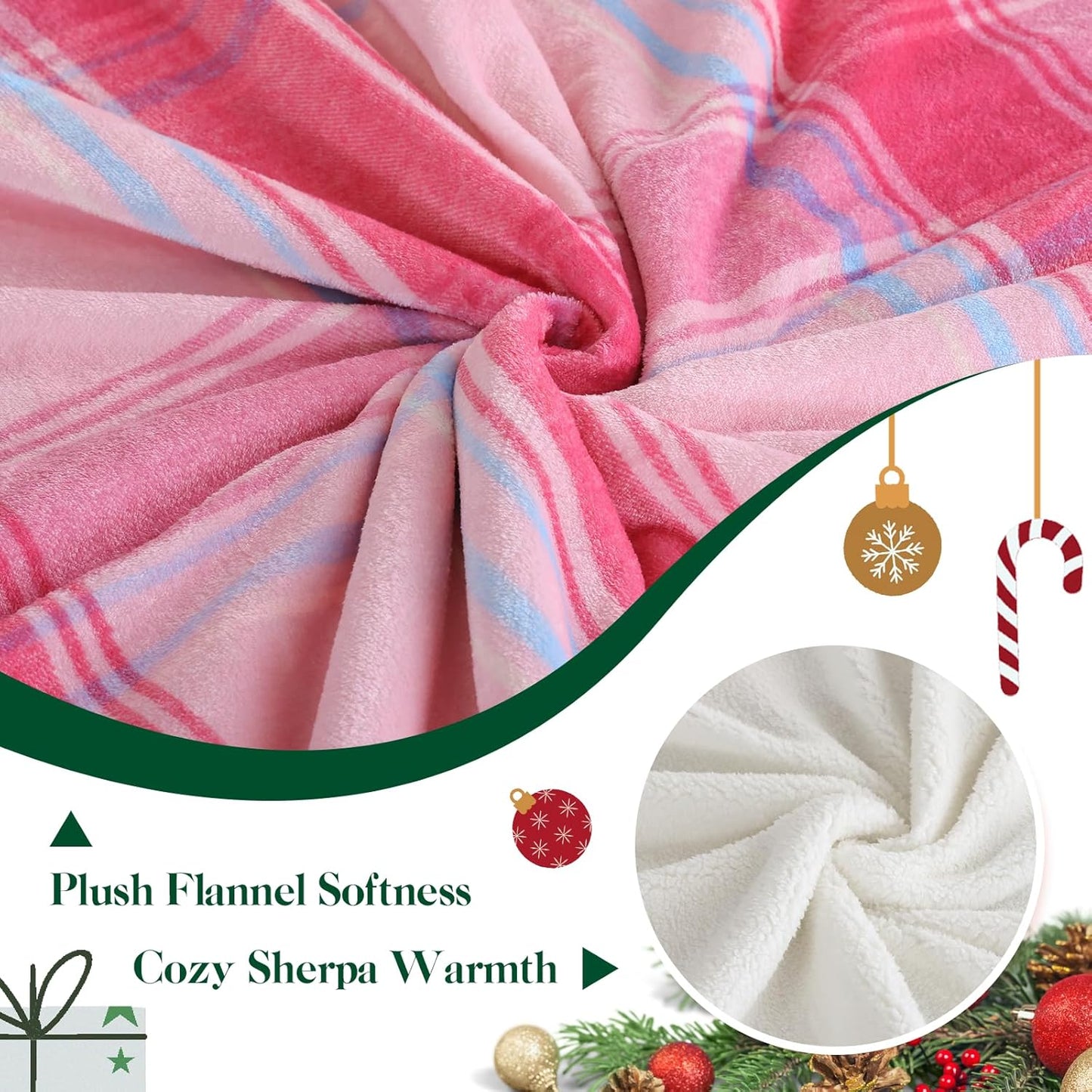 Christmas Plaid Pink Blanket - Soft Sherpa & Flannel Throw Blanket for Couch and Bed, Lightweight Cozy Checkered Fleece Blanket 50x60 Inches - Classic Buffalo Style for Christmas Decor