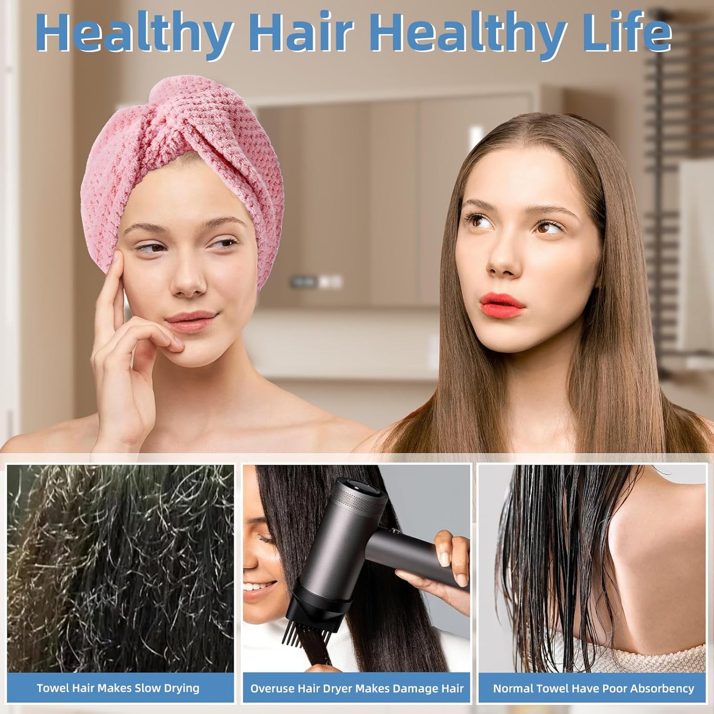 Hair Towel Wrap, 4 Packs 9.8 x 25.6 Inch Towel Turbans for Wet Hair, Dry Hair Towel, Headbands for Curly and Long Hair - Bathroom Must-Have for Ladies