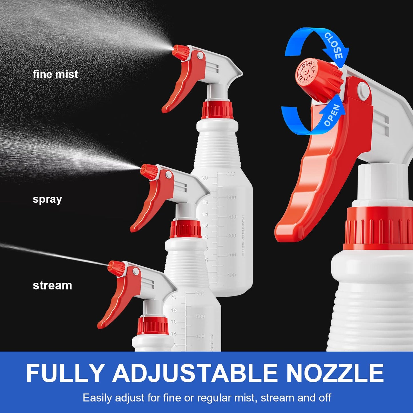 Spray Bottles (4 Pack, 24 Oz) Refillable Empty Plastic Water Spraying Bottle for Cleaning Solutions, Hair Spray, Car Detail, Watering Plants, Heavy Duty Mist Stream Sprayer with Measurement
