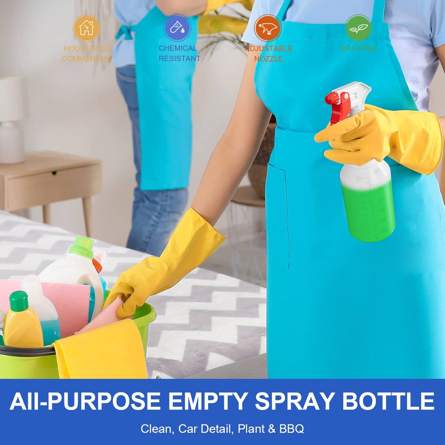 Spray Bottles (4 Pack, 24 Oz) Refillable Empty Plastic Water Spraying Bottle for Cleaning Solutions, Hair Spray, Car Detail, Watering Plants, Heavy Duty Mist Stream Sprayer with Measurement