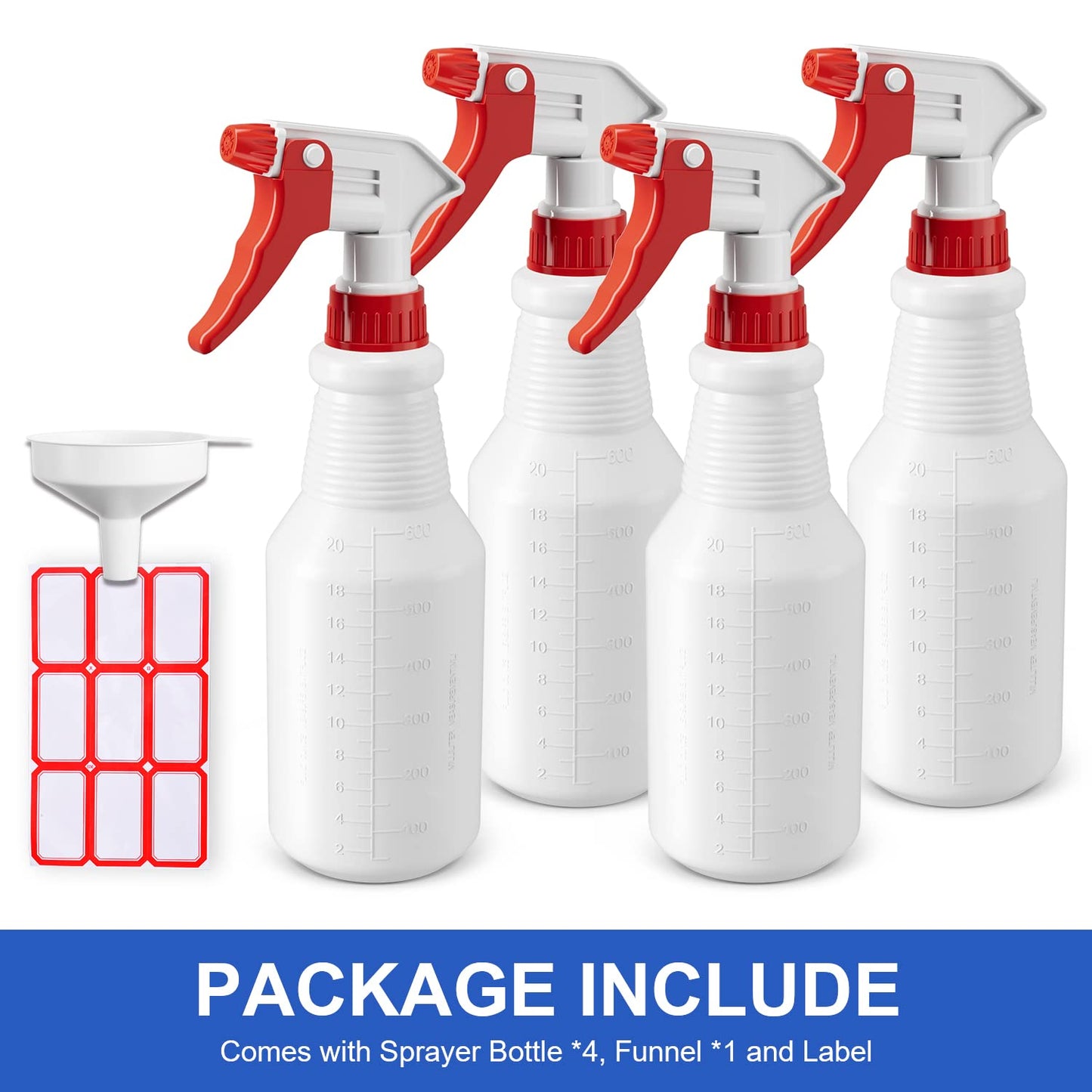 Spray Bottles (4 Pack, 24 Oz) Refillable Empty Plastic Water Spraying Bottle for Cleaning Solutions, Hair Spray, Car Detail, Watering Plants, Heavy Duty Mist Stream Sprayer with Measurement