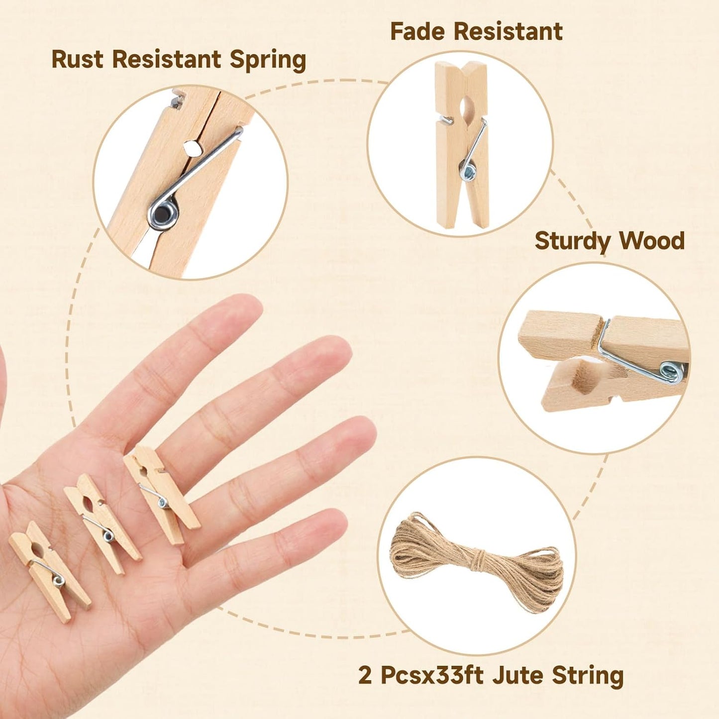 Mini Clothespins Wooden - Small Clothes Pins for Crafts 1.4 Inch,50 Pcs Natural Clothespins Clips with Jute String for Hanging Pictures,Photo Displays,Baby Cloth,Classroom Arts