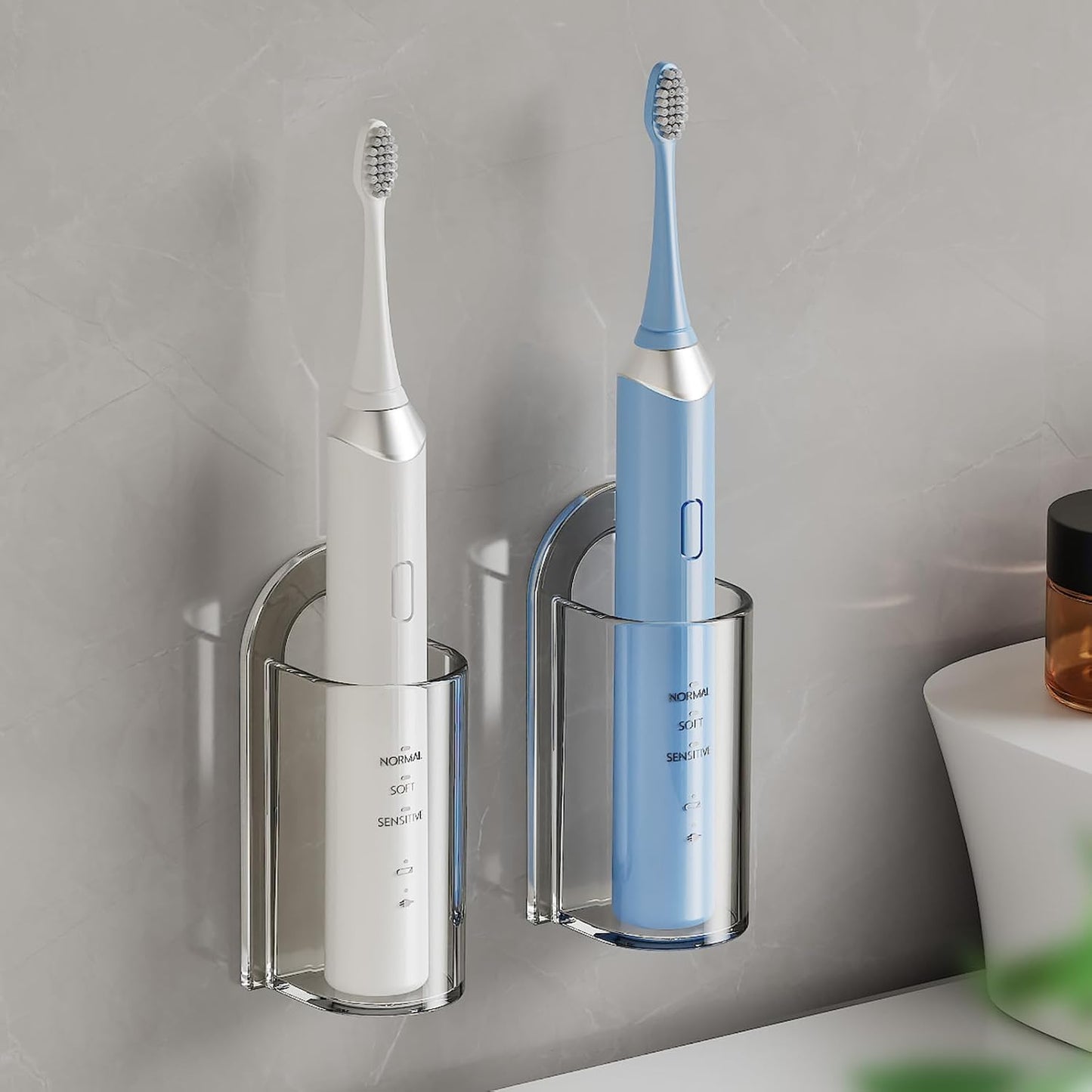 Electric Toothbrush Holders, Wall Mounted Tooth Brushing Holder for Bathroom, Self Adhesive Electric Toothbrush Organizer Space Saver (2Pcs Clear)