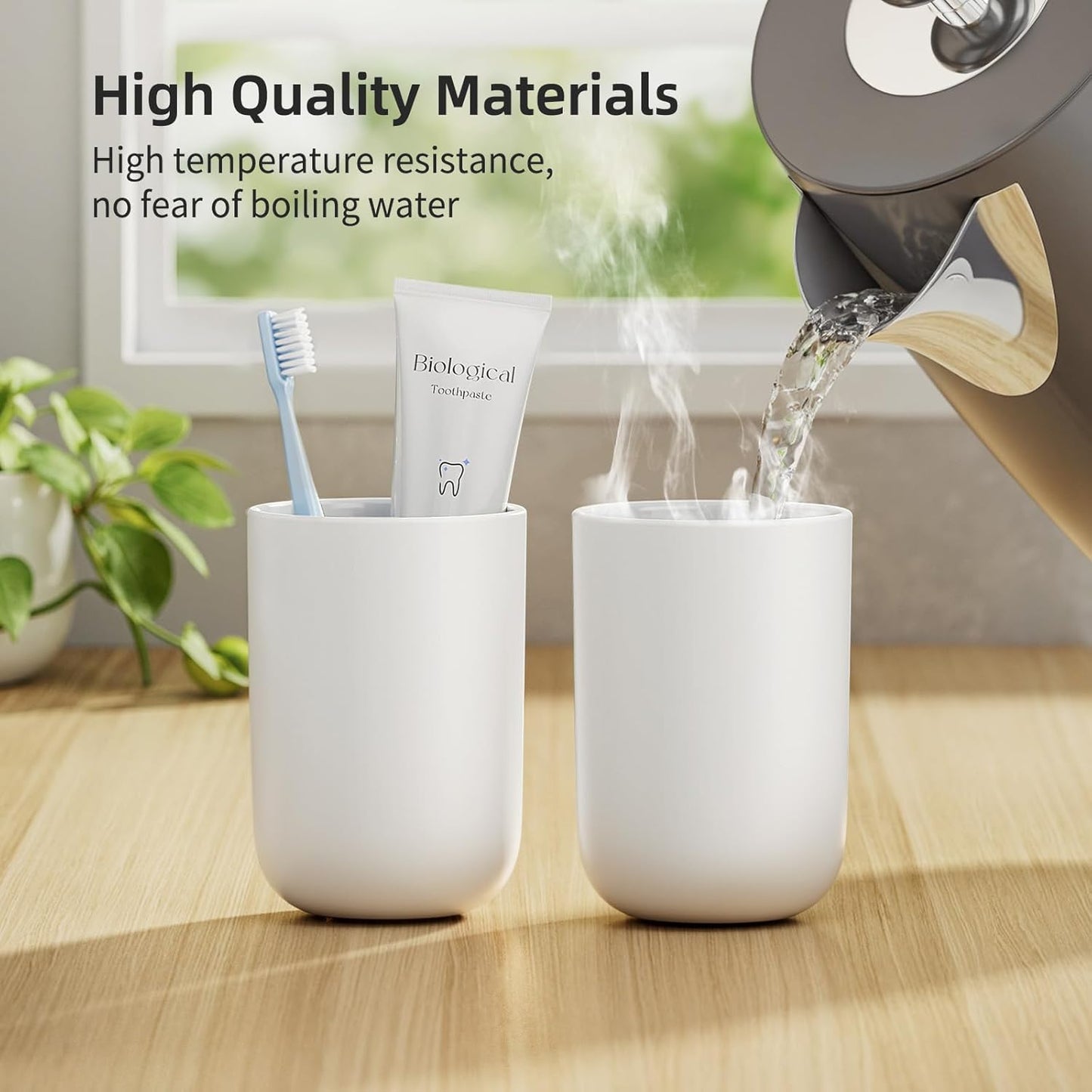 Toothbrush Cup 13oz 380ml, Unbreakable Reusable Bathroom Tumbler 2Pcs, Non-Slip Plastic Bathroom Cup Toothbrush Holders for Bathroom White