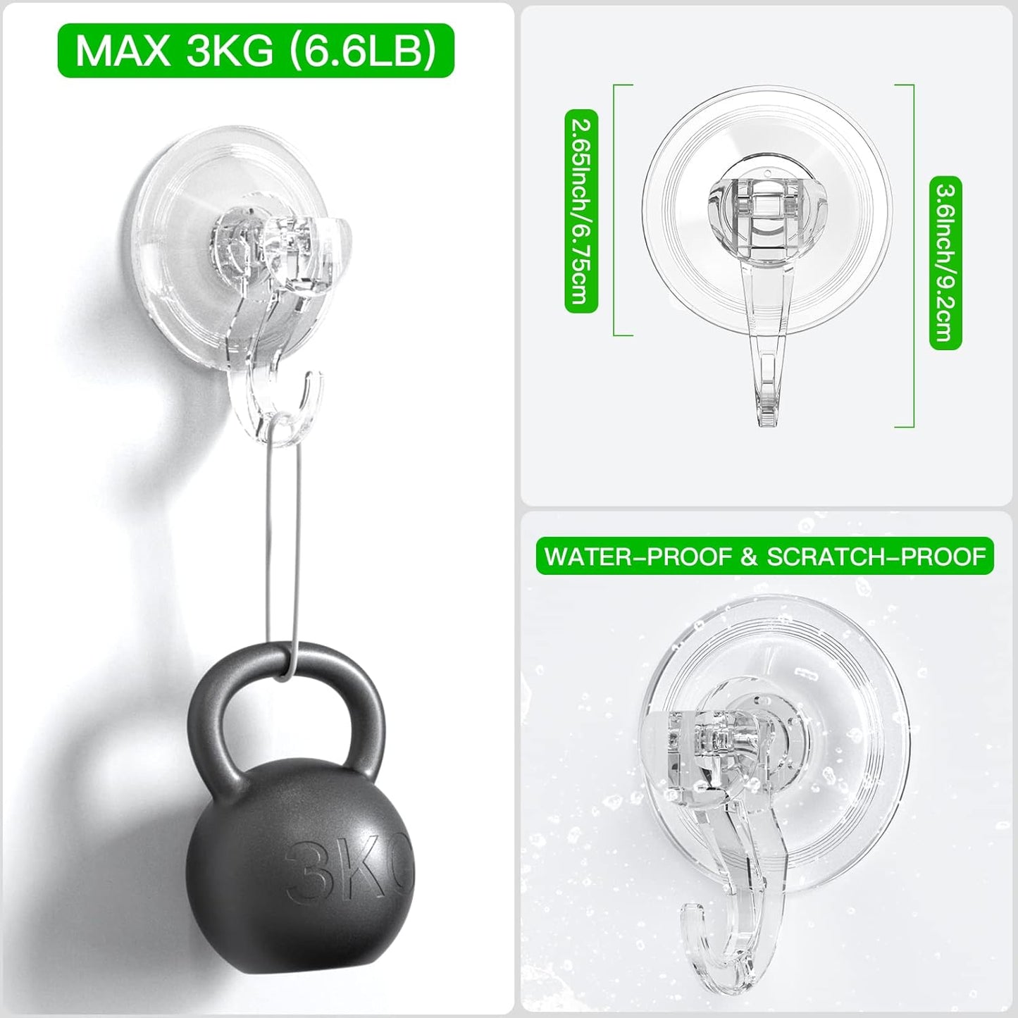Suction Cup Hooks - 4 Pack Suction Hooks Reusable Powerful Waterproof - Clear Removable Suction Hanger for Christmas Wreath, Shower,Tile,Bathroom,Towel,Kitchen