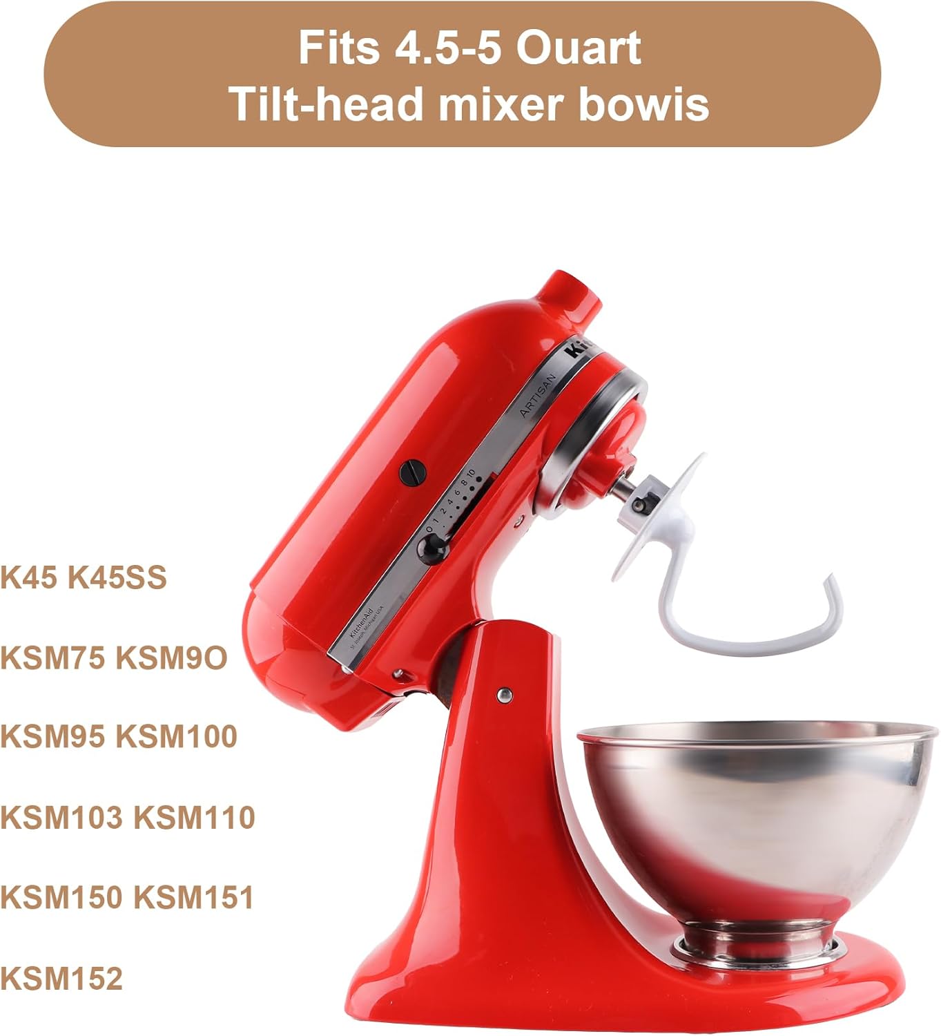 C-Shaped K45DH Coated Dough Hook, Attachment for KitchenAid Tilt-Head Stand Mixers Only, Fits 4.5–5 Quart Bowls, Compatible with K45, K45SS, KSM90, KSM150