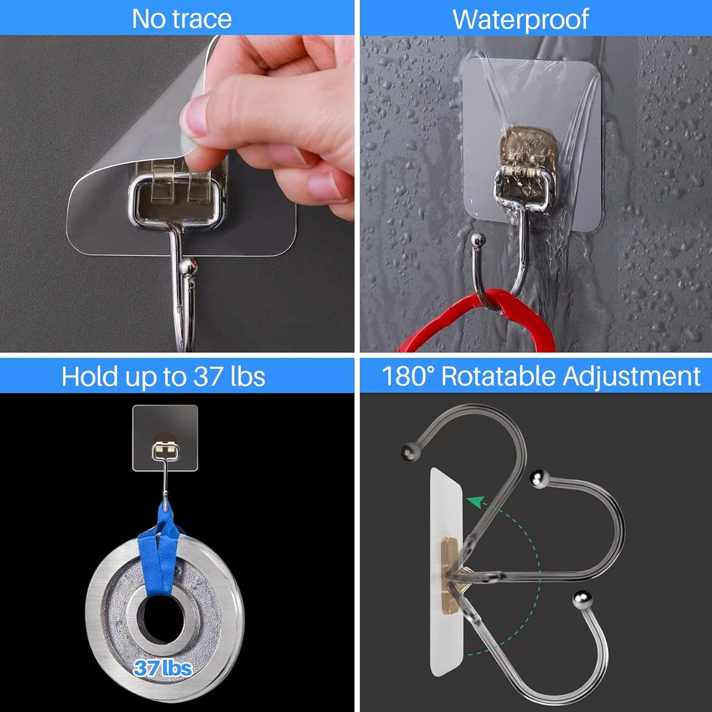 10-Pack Large Adhesive Hooks, Wreath Hangers, Heavy Duty Adhesive Hooks 37 lb(Max), Sticky Wall Hook fit Home, Bathroom, Kitchen, Office and Outdoor (Transparent Gray)