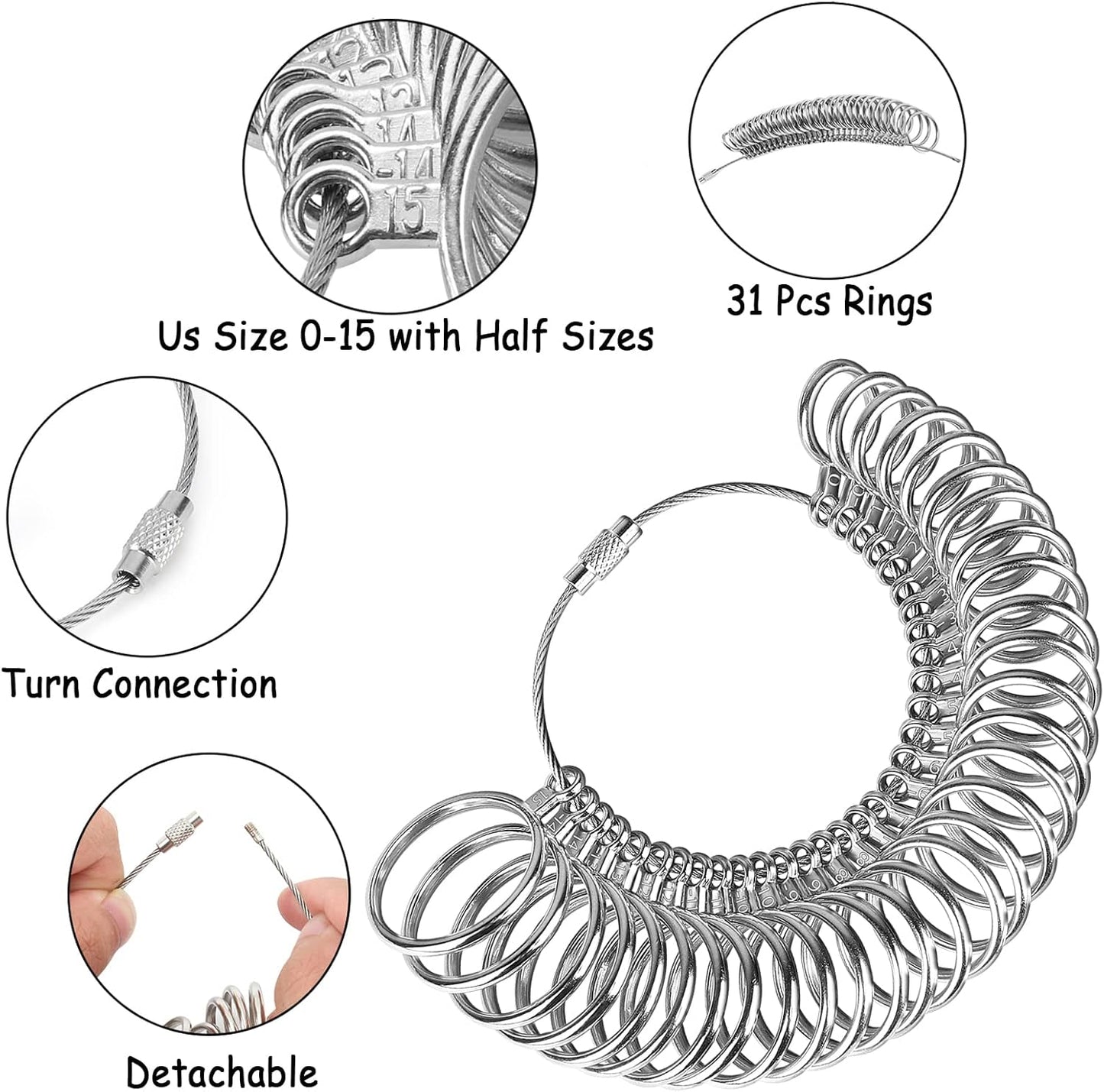 Ring Sizer Tool Including Ring Mandrel & Ring Sizer Guage, 4 Sizes Ring Measurement Stick Metal Mandrel & Finger Sizing Measuring Tool Set for Jewelry Making Measuring