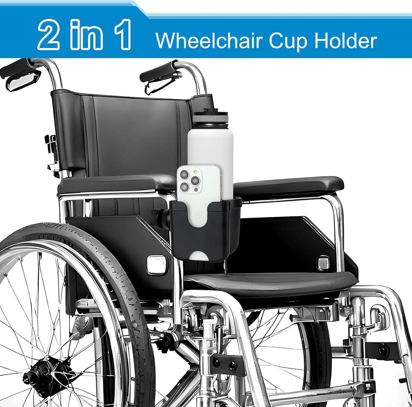 2-in-1 Walker Cup Holder with Phone Holder, Wheelchair Cup Holder, Rollator Cup Holder, Cup Phone Holder for Walker, Wheelchair, Rollator, Mobility Scooter