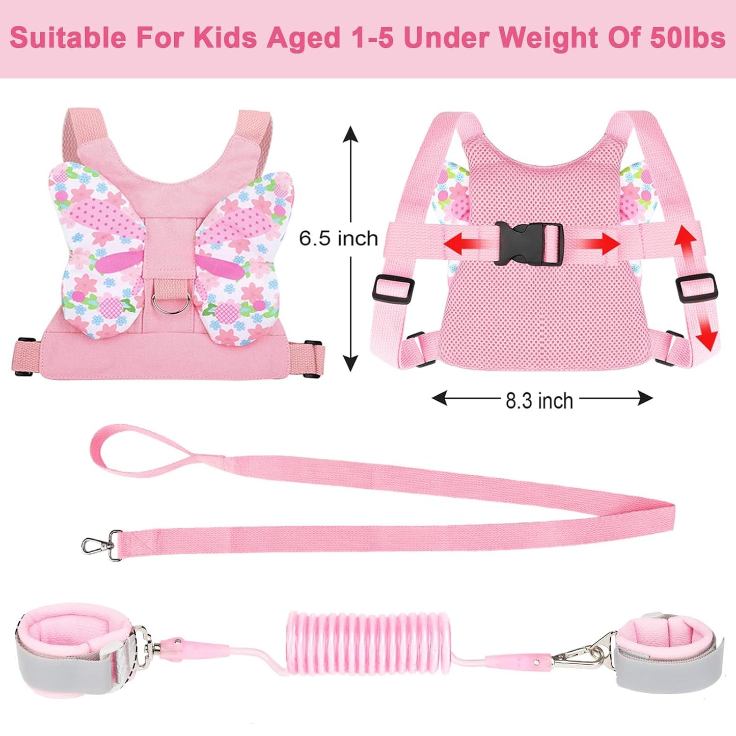 3 in 1 Toddler Harness Leashes + Anti Lost Wrist Link, Kids Harness Children Leash for Girls, Child Anti Lost Leash Baby Cute Harness Belt Strap Hold Kids Close While Walking