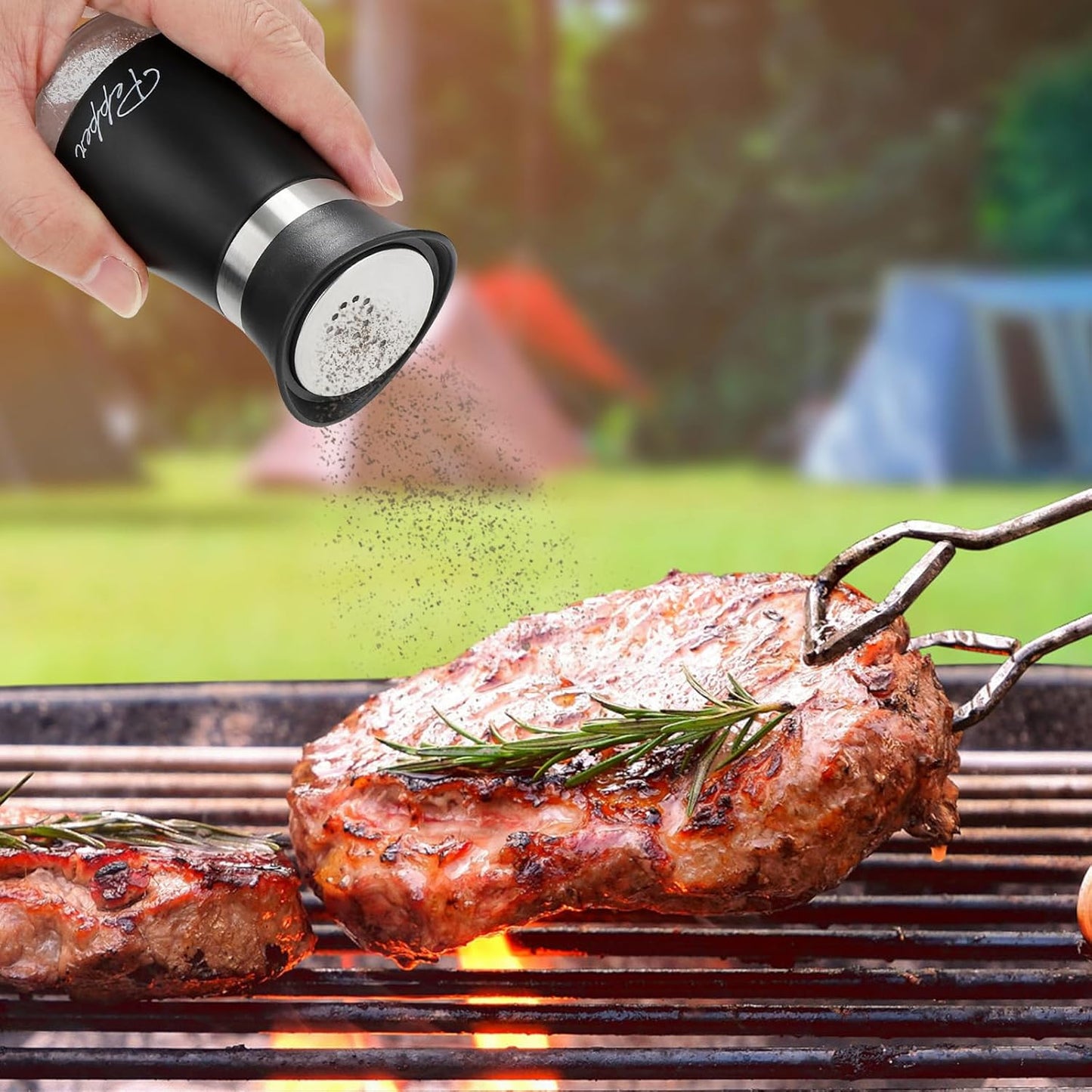 Salt and Pepper Shakers Set with Holder, 4 oz Stainless Steel Salt Pepper Shaker Containers with Glass Bottom for Kitchen Cooking, BBQ, Bar, Table, RV, Camp