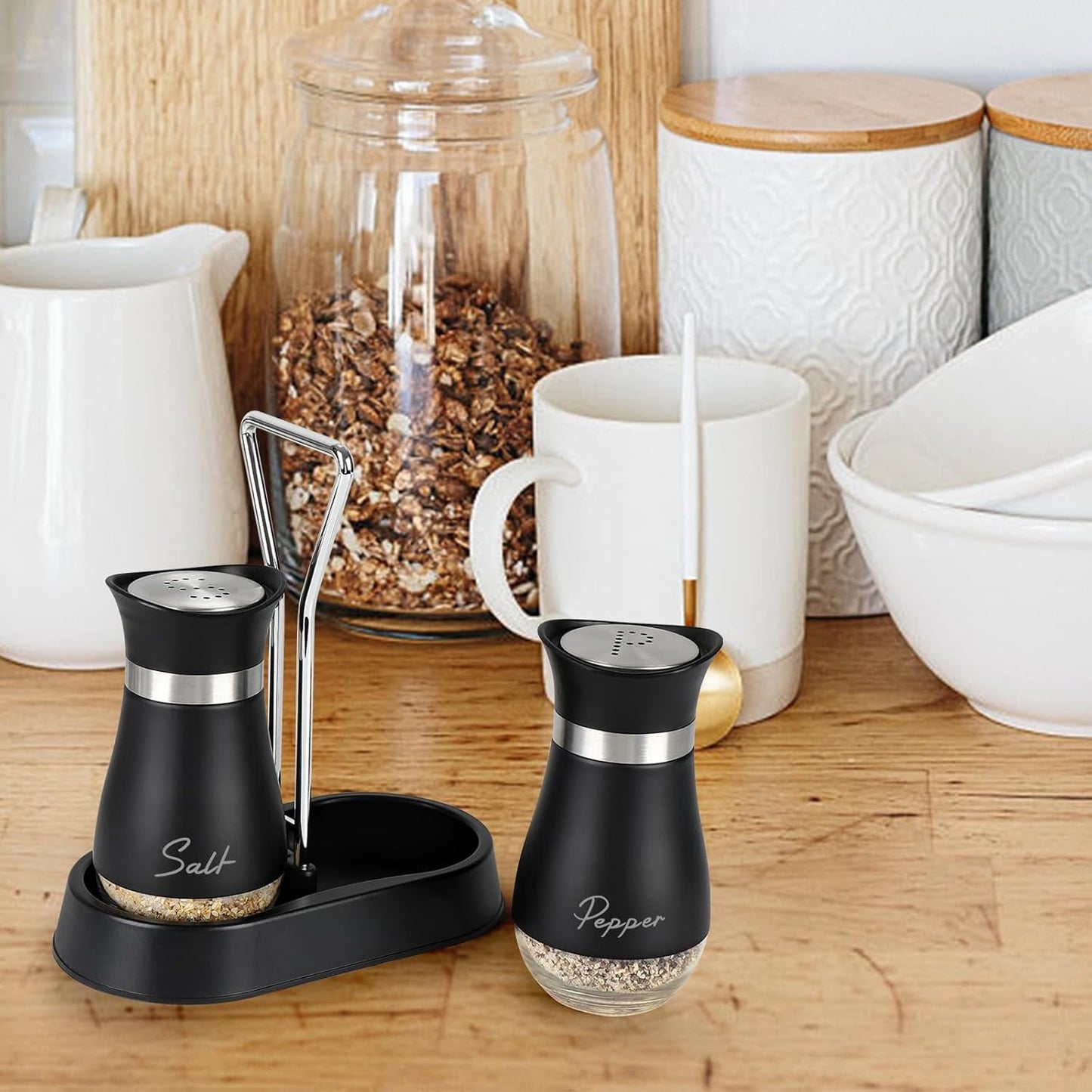 Salt and Pepper Shakers Set with Holder, 4 oz Stainless Steel Salt Pepper Shaker Containers with Glass Bottom for Kitchen Cooking, BBQ, Bar, Table, RV, Camp