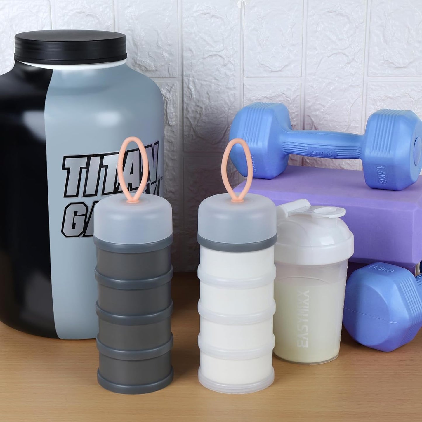 2 Pcs Protein Powder Container to Go with Funnels Stand, 4 Compartments Stackable Protein Powder Dispenser for Workout, Fitness, Travel