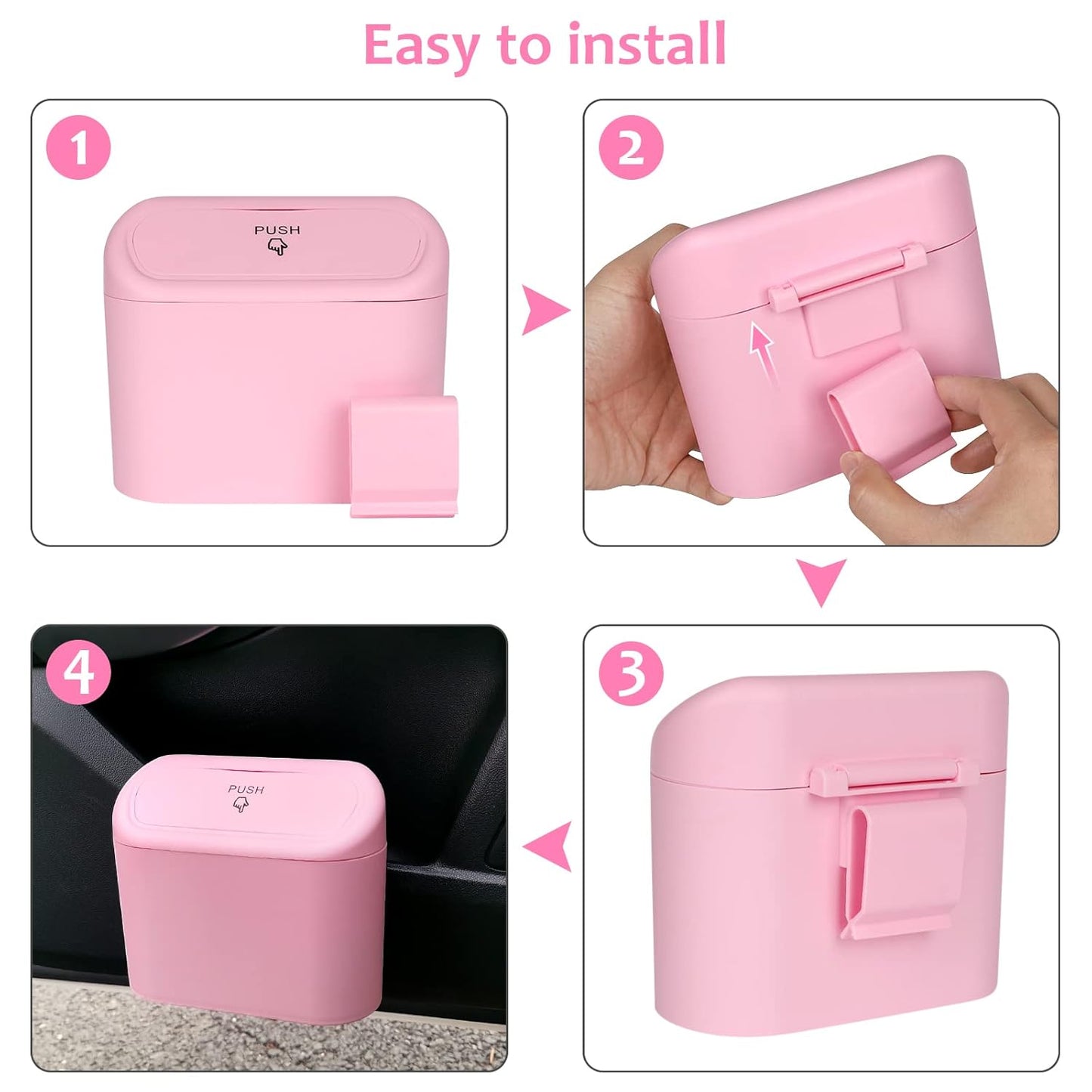 Car Trash Can with Lid, Leakproof Vehicle Garbage Organizer Holder Bin with 60 Pack Trash Bags, Mini Auto Dustbin Accessories Storage Container for Vans, SUVs, Office (Pink)