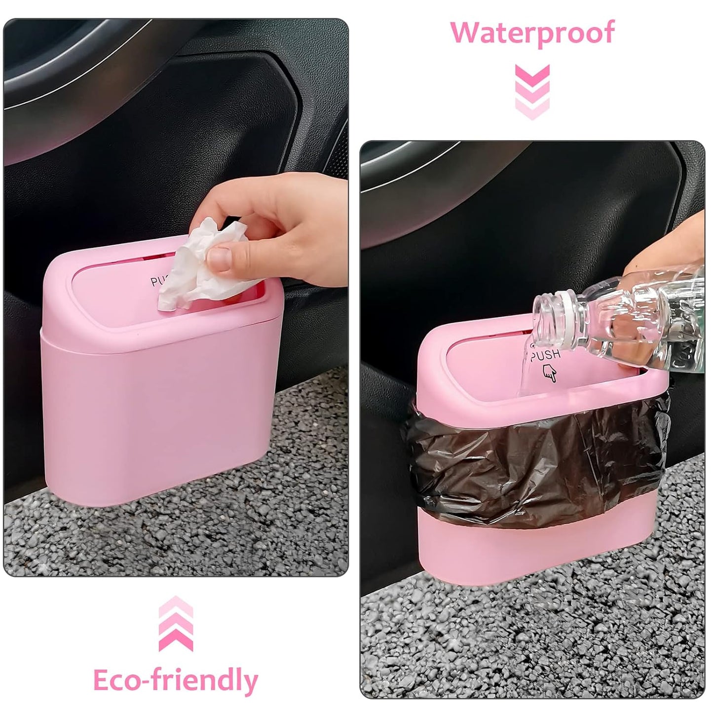 Car Trash Can with Lid, Leakproof Vehicle Garbage Organizer Holder Bin with 60 Pack Trash Bags, Mini Auto Dustbin Accessories Storage Container for Vans, SUVs, Office (Pink)