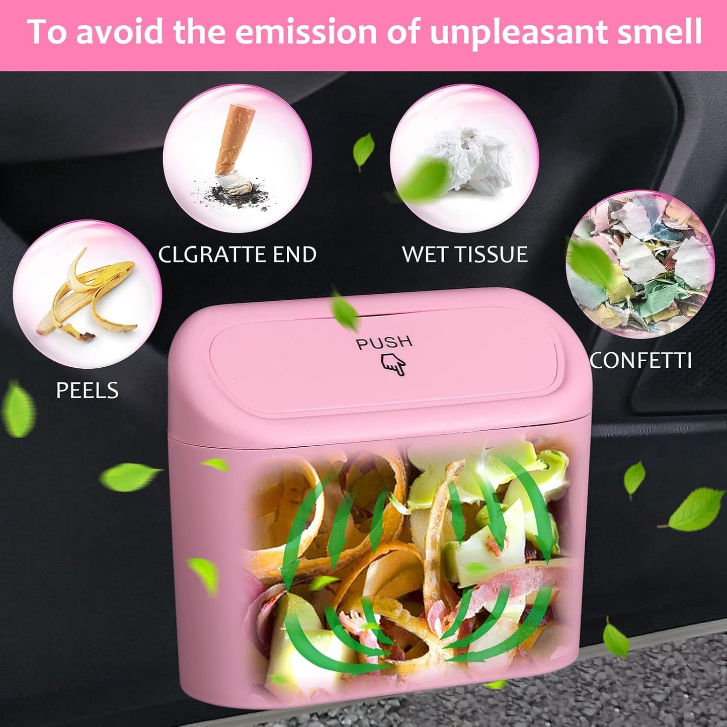 Car Trash Can with Lid, Leakproof Vehicle Garbage Organizer Holder Bin with 60 Pack Trash Bags, Mini Auto Dustbin Accessories Storage Container for Vans, SUVs, Office (Pink)