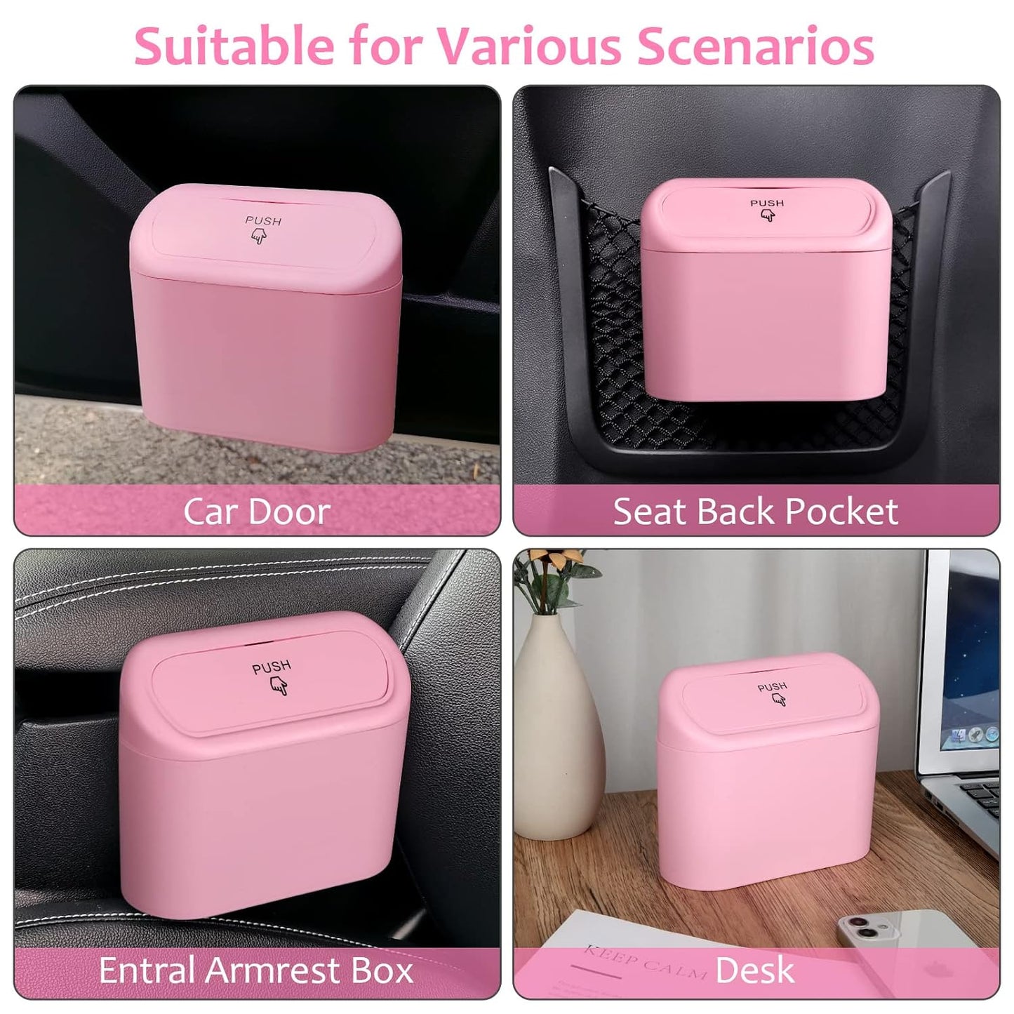 Car Trash Can with Lid, Leakproof Vehicle Garbage Organizer Holder Bin with 60 Pack Trash Bags, Mini Auto Dustbin Accessories Storage Container for Vans, SUVs, Office (Pink)