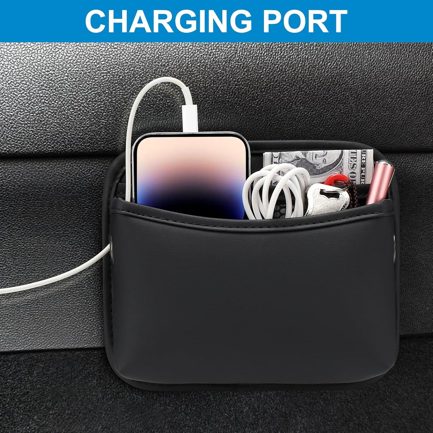 Car Seat Side Pocket Organizer, PU Leather Pouch Bag for Car Seat, Door, Window, Console, Registration Wallet Cards Trash Phone Sunglasses Holder Pocket for Auto