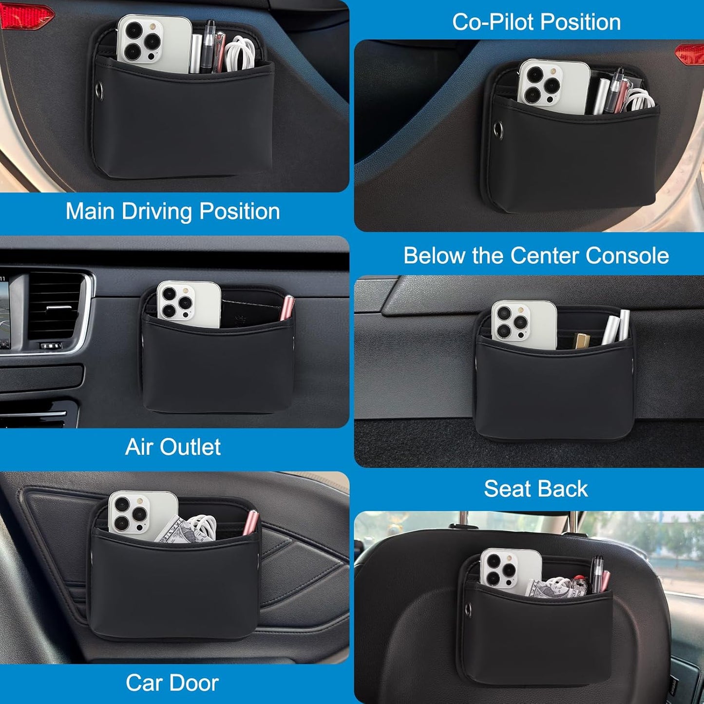 Car Seat Side Pocket Organizer, PU Leather Pouch Bag for Car Seat, Door, Window, Console, Registration Wallet Cards Trash Phone Sunglasses Holder Pocket for Auto