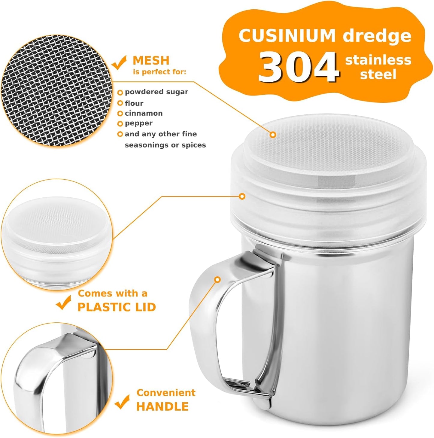 3 Pack Powdered Sugar Shaker Duster, Cinnamon Shaker Flour Sifter, Fine Mesh Stainless Steel Dredge for Baking Soda Flour Cinnamon Cocoa