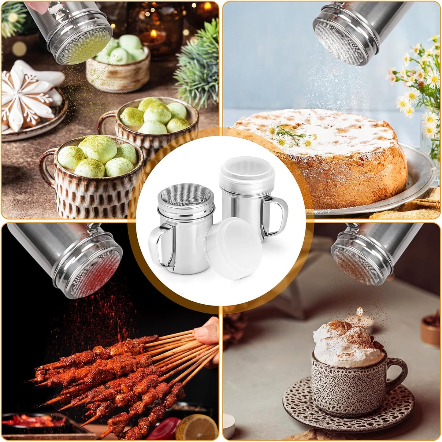 3 Pack Powdered Sugar Shaker Duster, Cinnamon Shaker Flour Sifter, Fine Mesh Stainless Steel Dredge for Baking Soda Flour Cinnamon Cocoa