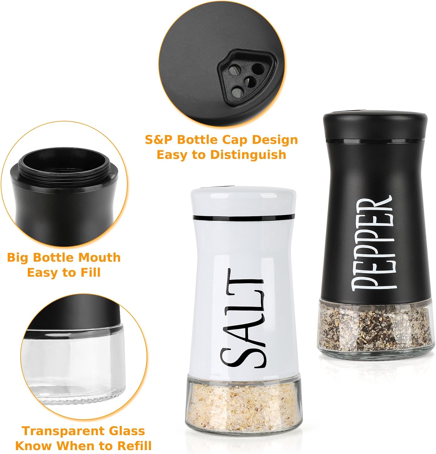 Salt and Pepper Shakers with Adjustable Pour Hole, Stainless Steel Salt Pepper Shaker Dispenser with Glass Bottom for Kitchen Cooking, RV, Camp, BBQ