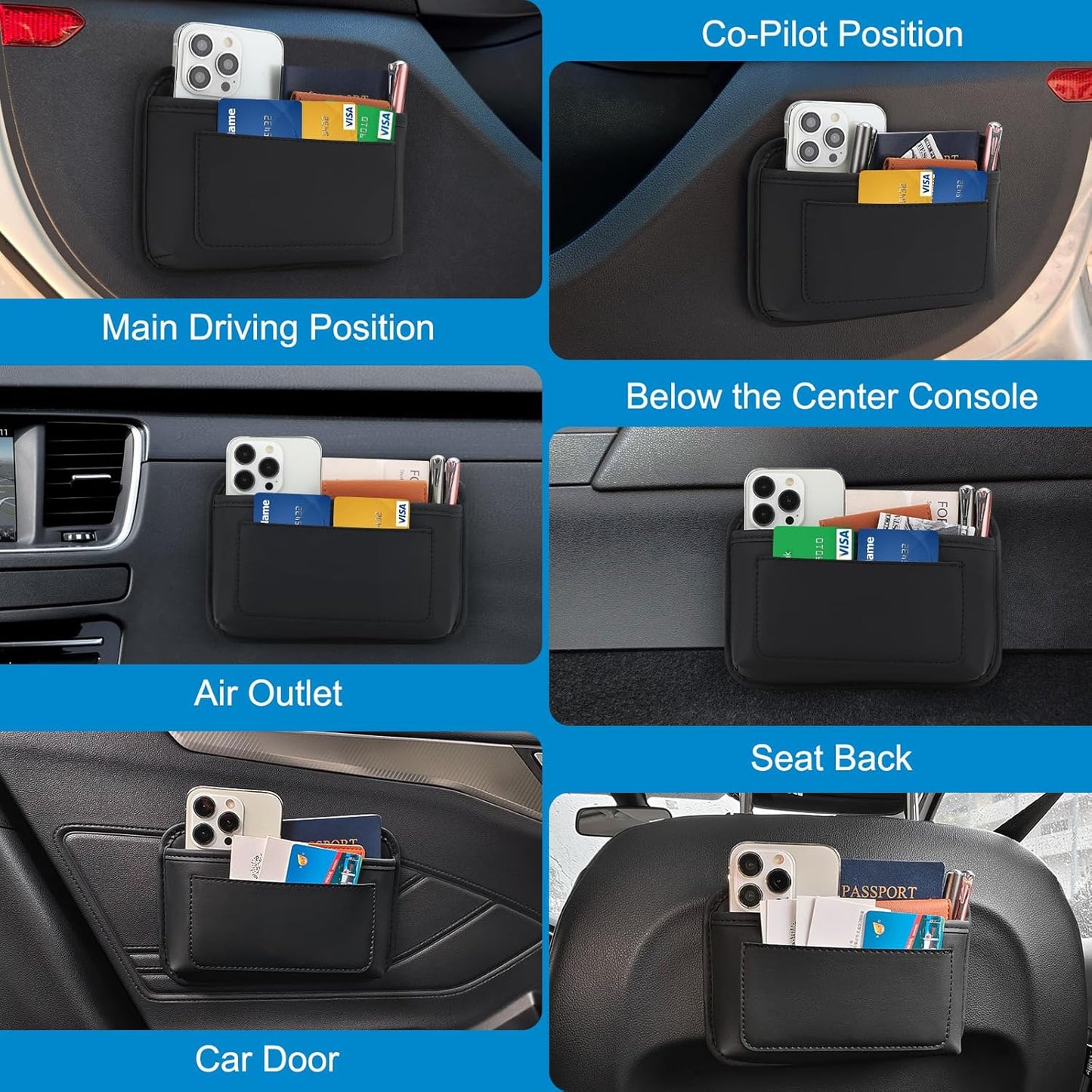 Universal Car Side Pocket Organizer, PU Leather Car Pocket Pouch Cell Phone Sunglasses Holder, Car Phone Pocket Organizer Accessories for Car Seat, Door, Window, Console