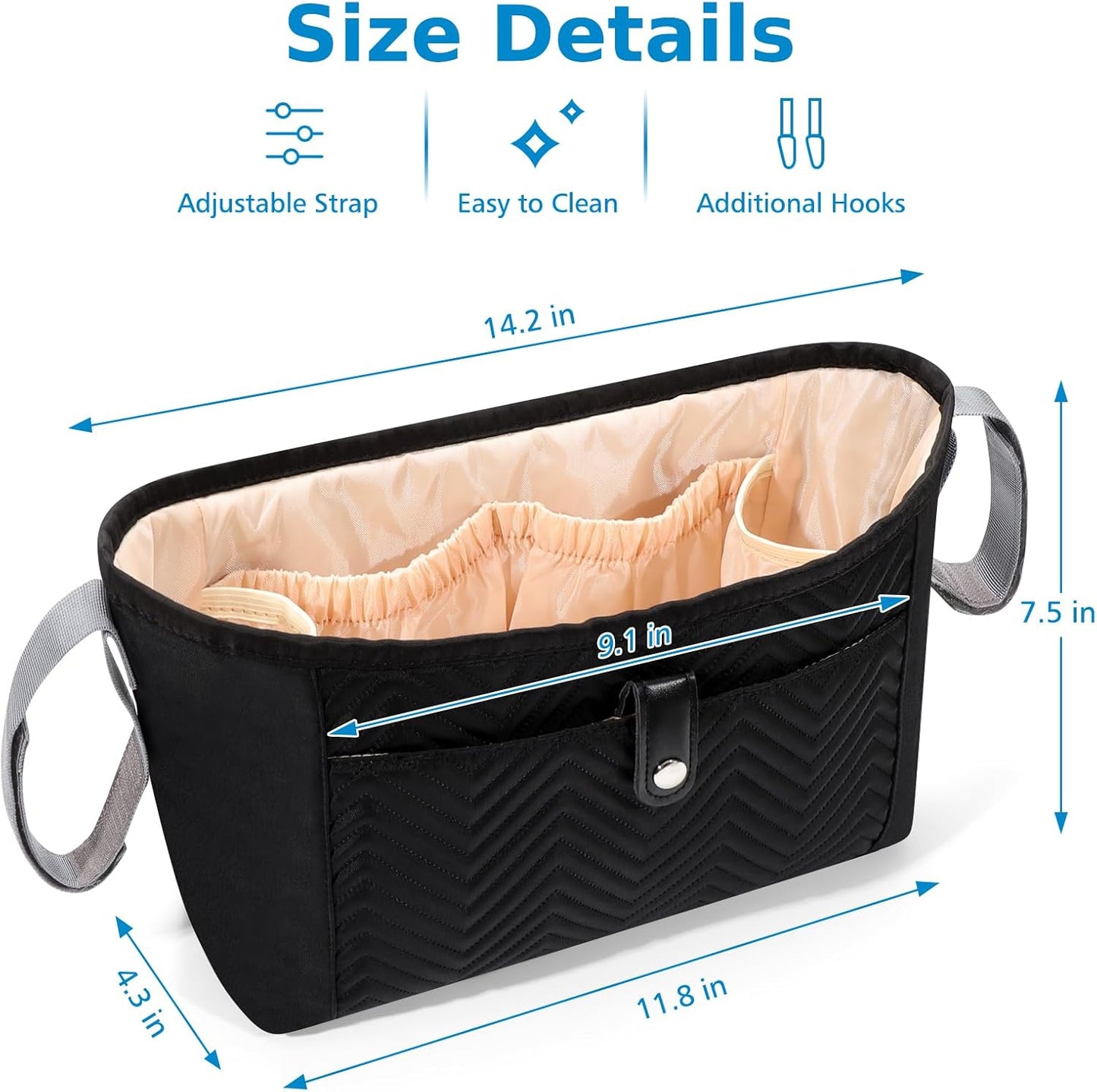 Universal Stroller Organizer, Stroller Bag Stroller Caddy Organizer, Stroller Accessories Fits for Uppababy, Baby Jogger, Nuna, Doona, Britax Strollers, Black