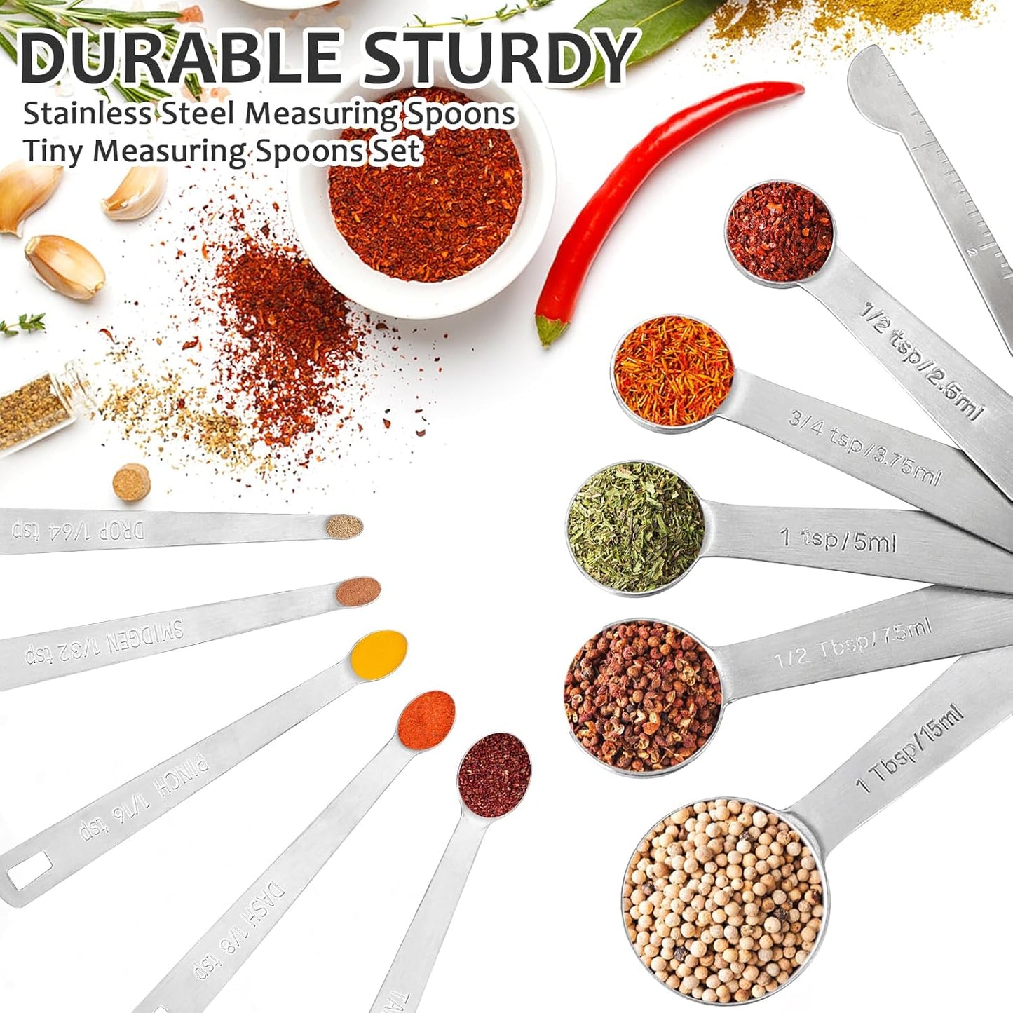 Stainless Steel Measuring Spoons Set with Leveler, 10 Pcs Mini Stackable Teaspoon & Tablespoon for Baking & Cooking, Kitchen Gadgets for Small Amount of Dry or Liquid Ingredients and Spices