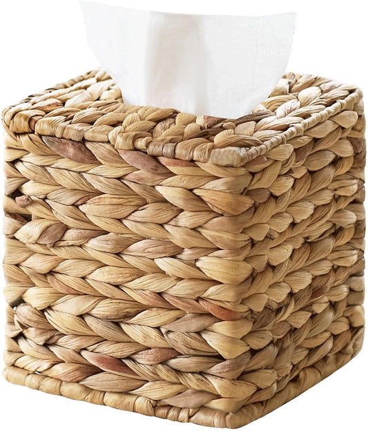 Tissue Box Cover, Square Wicker Tissue Box Holder Facial Tissues Boxes, Hand Woven Napkin Box Tissue Holder for Bathroom Bedroom Office Table Desk Night Stand, Boho Decorative, Natural
