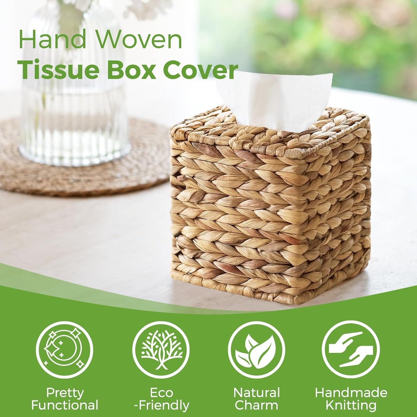 Tissue Box Cover, Square Wicker Tissue Box Holder Facial Tissues Boxes, Hand Woven Napkin Box Tissue Holder for Bathroom Bedroom Office Table Desk Night Stand, Boho Decorative, Natural