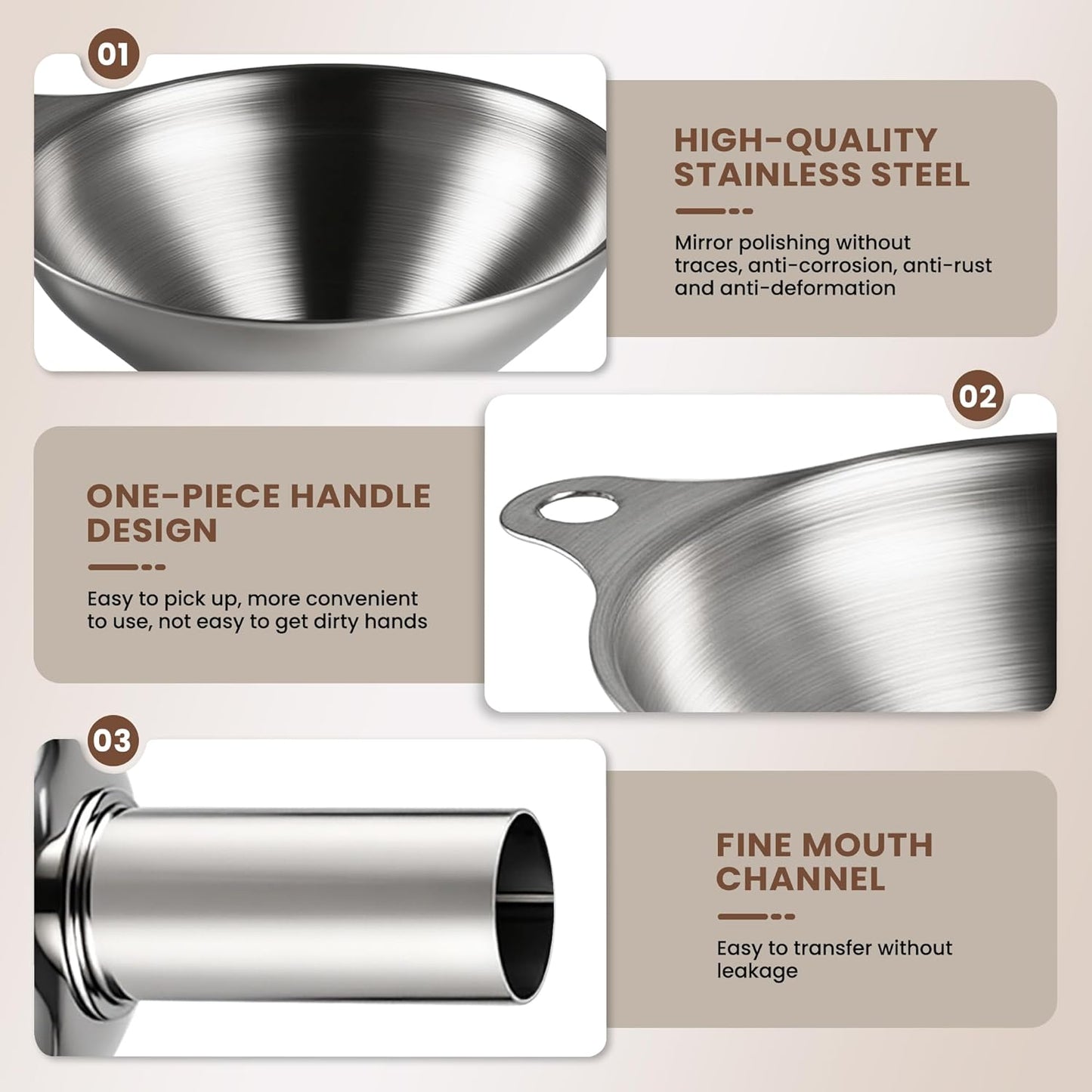 Kitchen Funnel, Stainless Steel Mini Funnel, Set of 3, Perfect for Transferring Liquids, Oils, Powders, Spices, with Round Ring and Cleaning Brush