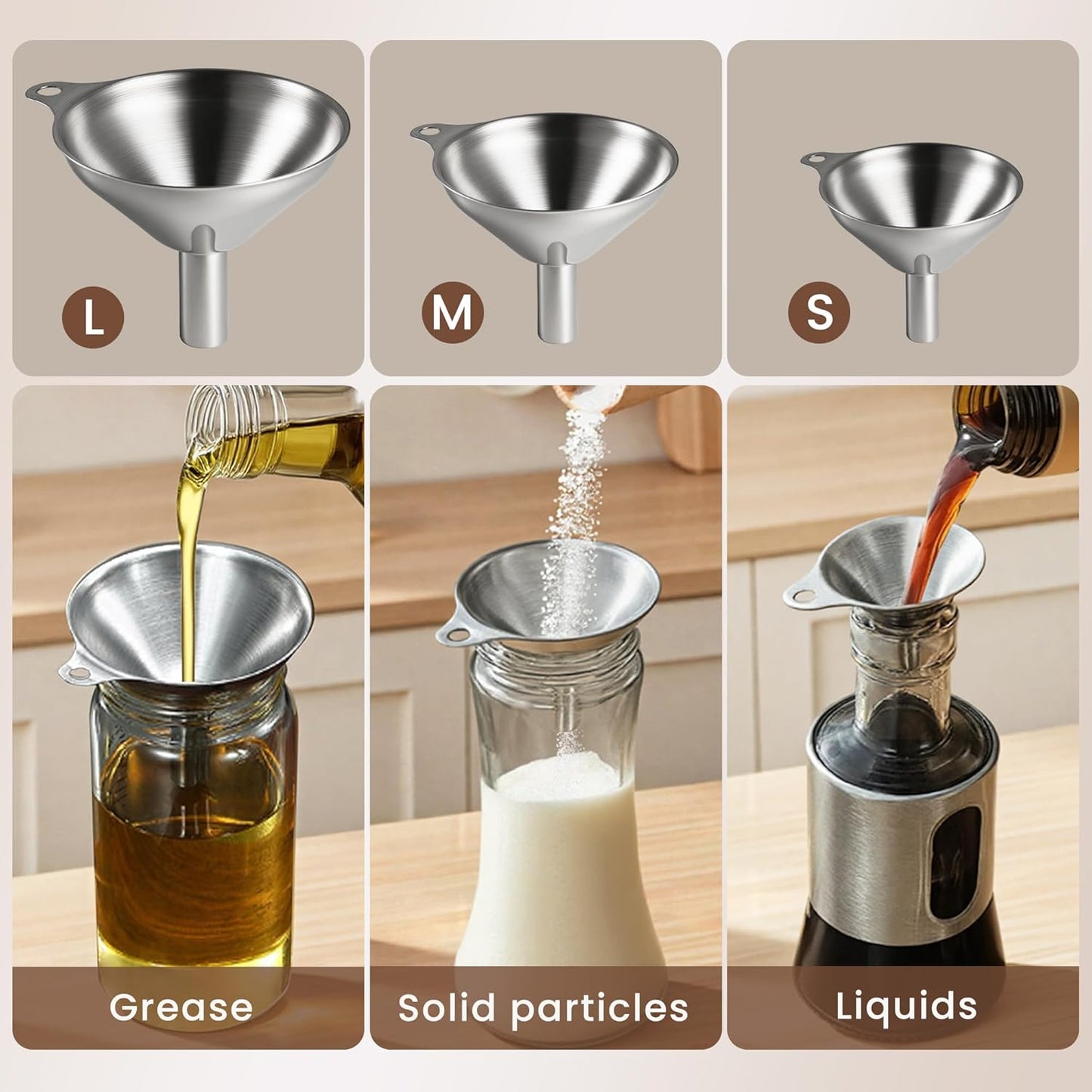 Kitchen Funnel, Stainless Steel Mini Funnel, Set of 3, Perfect for Transferring Liquids, Oils, Powders, Spices, with Round Ring and Cleaning Brush