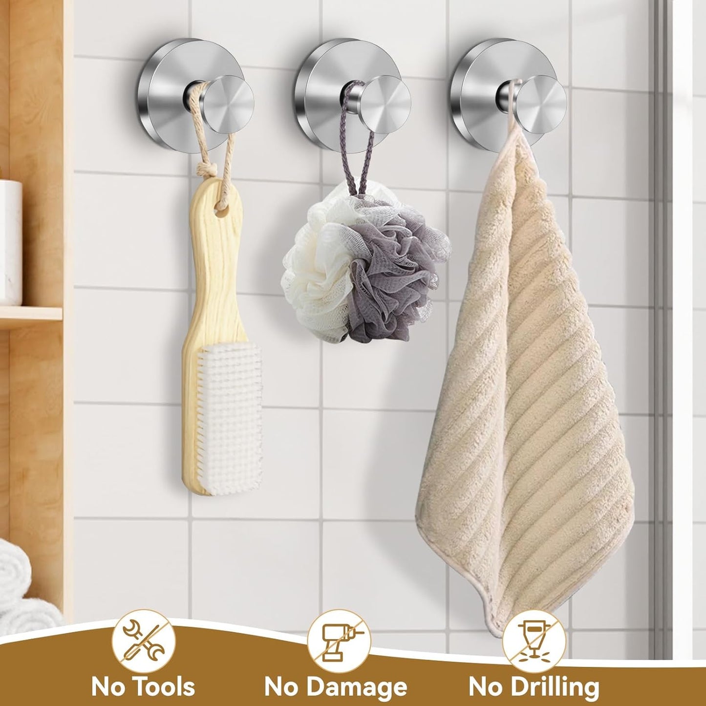 Suction Cup Hooks for Shower, Removable Towel Hooks for Bathroom Window Glass, Powerful Vacuum Shower Hook for Towel, Robe, Loofah - 4 Pack, Sliver