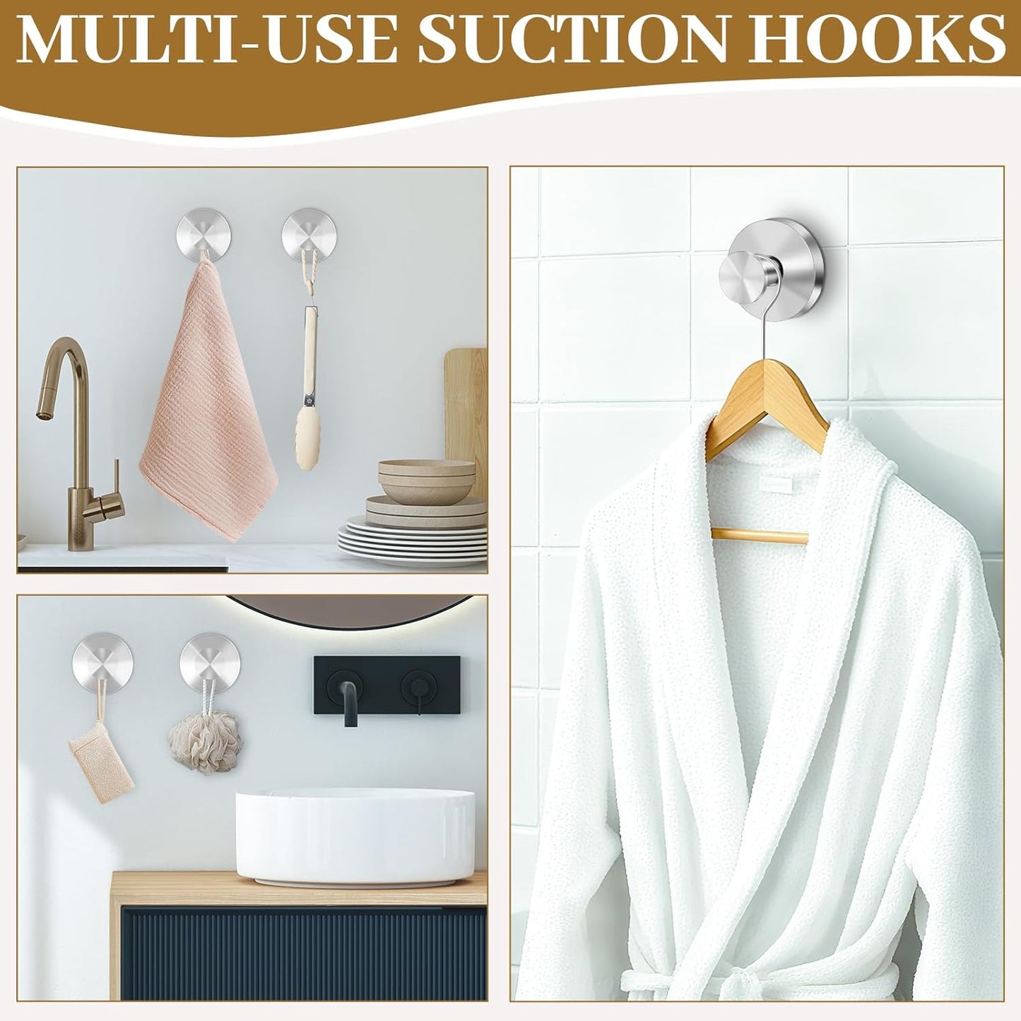 Suction Cup Hooks for Shower, Removable Towel Hooks for Bathroom Window Glass, Powerful Vacuum Shower Hook for Towel, Robe, Loofah - 4 Pack, Sliver