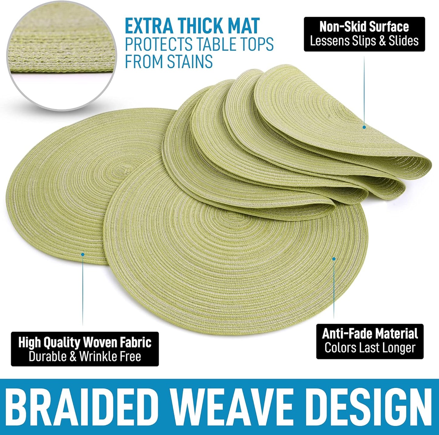 15 Inch Round Placemats for Dining Table Set of 6 - Braided Round Place Mats & Anti-Skid Placemat - Heat Resistant Round Woven Placemats & Table Mats for Dining (Green)