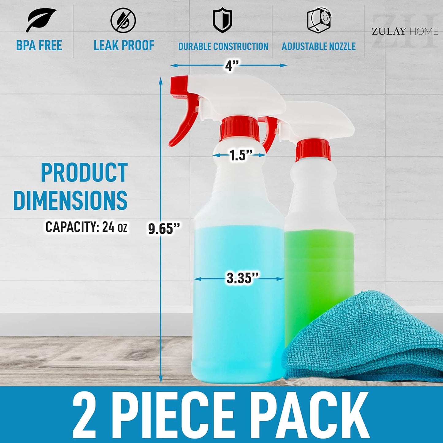 24 oz Spray Bottle - Heavy Duty Cleaning Spray Bottles For Cleaning Solutions - Leakproof Cleaning Spray Bottle Set with Adjustable Nozzle & Spring Loaded Trigger (2 Pack)