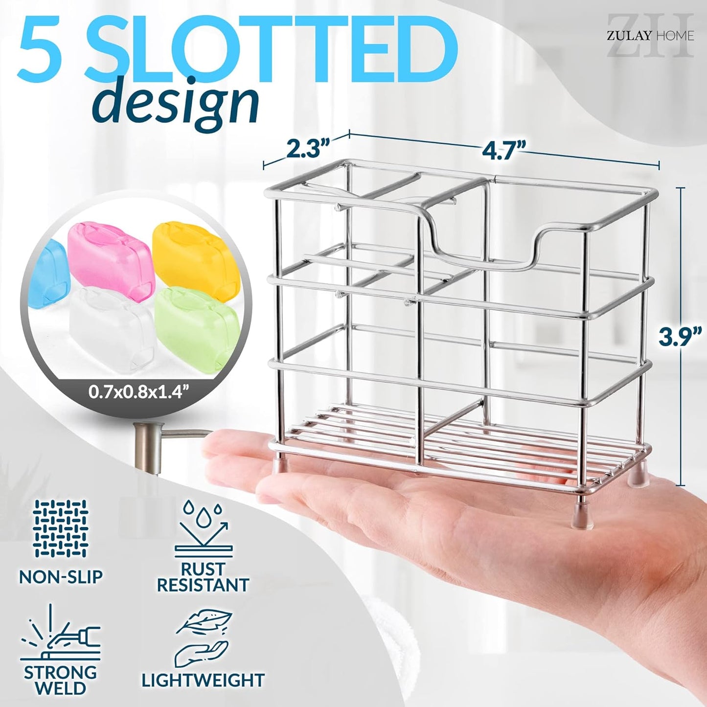 Toothpaste and Toothbrush Holder - Stainless Steel Toothbrush Holders for Bathrooms - Small Toothbrush Stand Organizer with 5 Colorful Toothbrush Cases Included