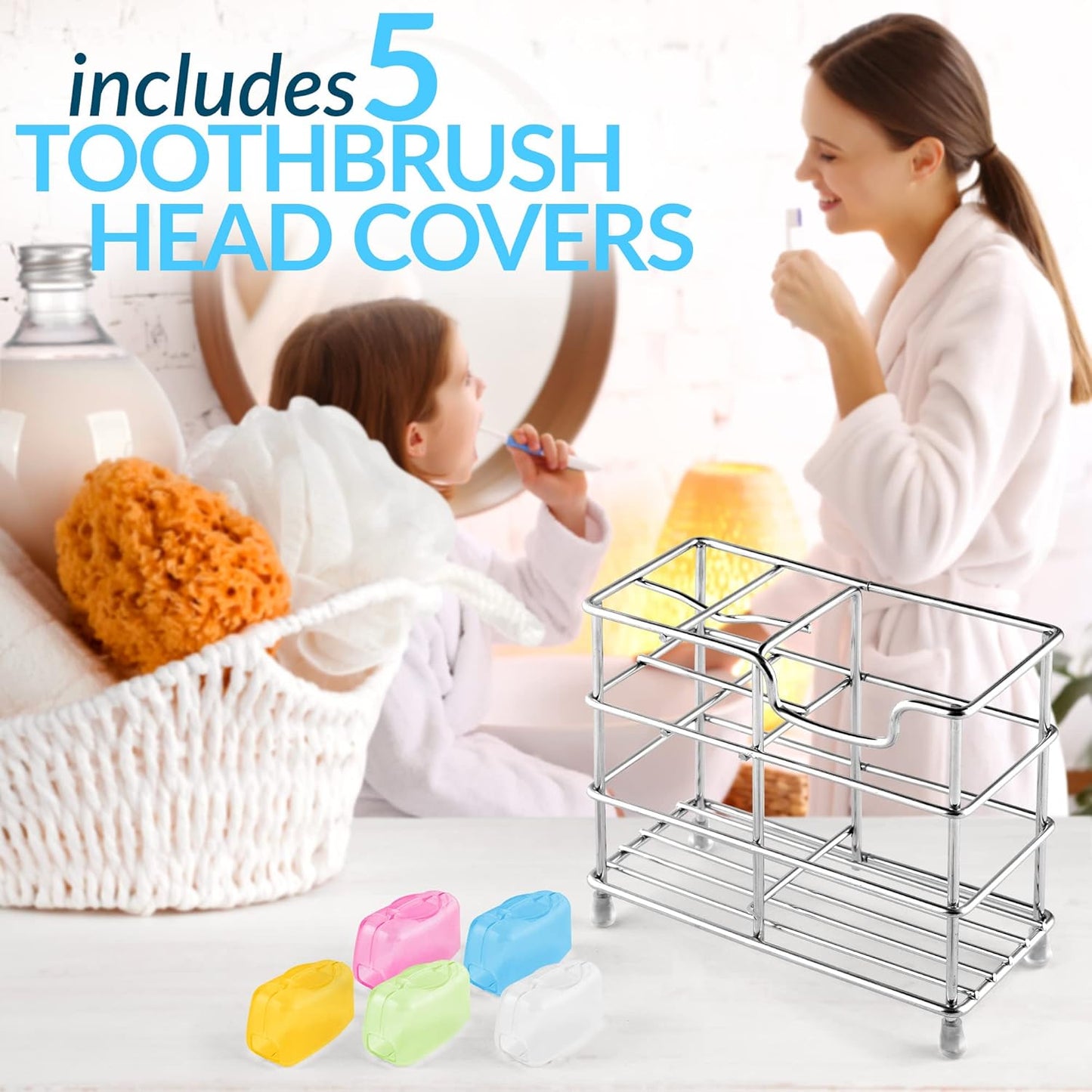 Toothpaste and Toothbrush Holder - Stainless Steel Toothbrush Holders for Bathrooms - Small Toothbrush Stand Organizer with 5 Colorful Toothbrush Cases Included