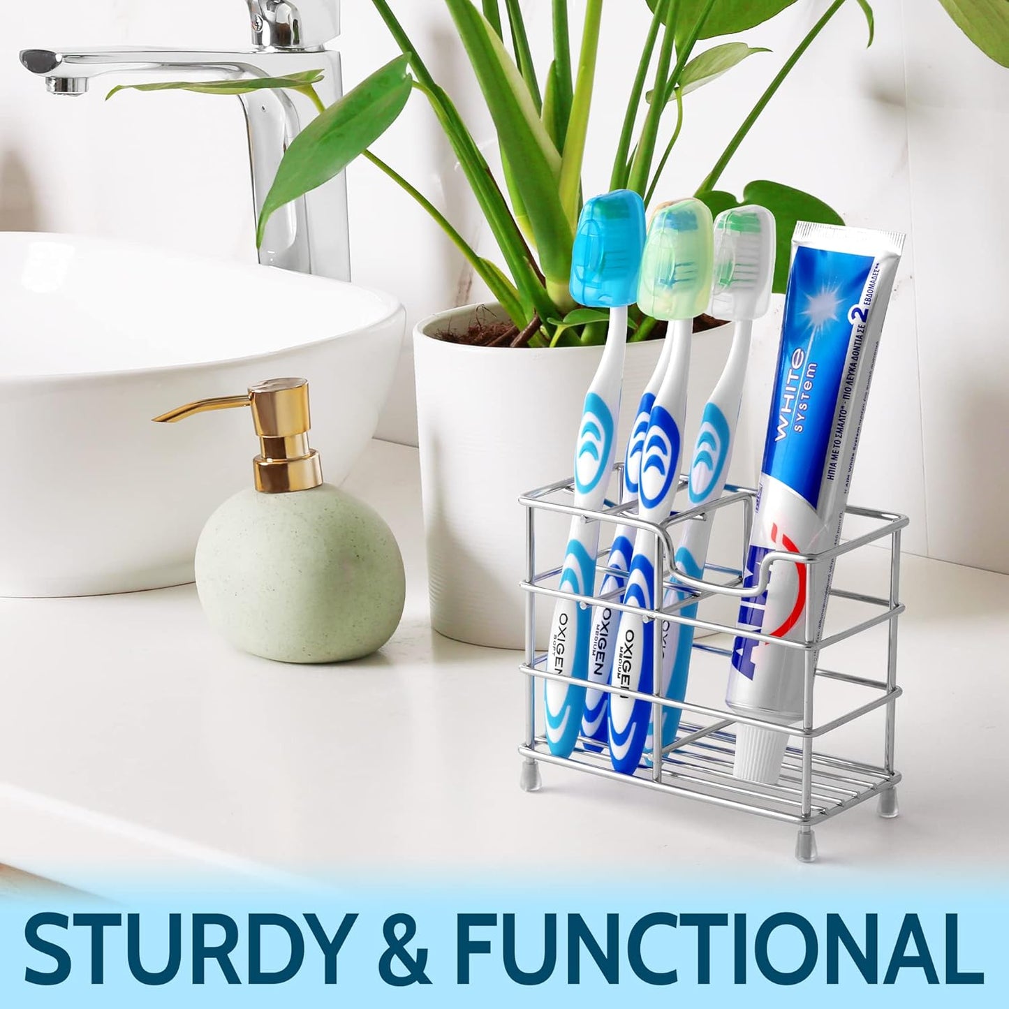 Toothpaste and Toothbrush Holder - Stainless Steel Toothbrush Holders for Bathrooms - Small Toothbrush Stand Organizer with 5 Colorful Toothbrush Cases Included