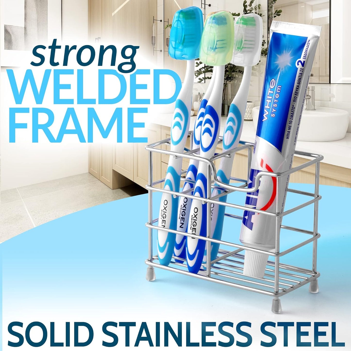 Toothpaste and Toothbrush Holder - Stainless Steel Toothbrush Holders for Bathrooms - Small Toothbrush Stand Organizer with 5 Colorful Toothbrush Cases Included