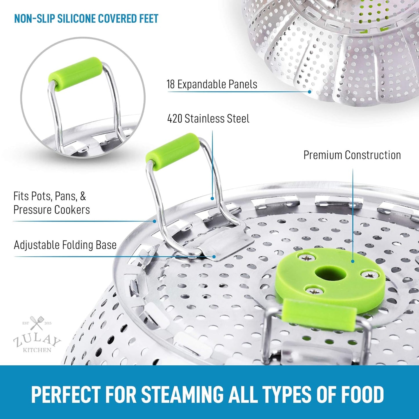 Zulay Adjustable Vegetable Steamer Baskets For Cooking - Foldable Steamer Basket (5.1" to 9") - Expandable Vegetable Steamer Basket Stainless Steel Fits Various Size Pots, Pans, & Pressure Cookers