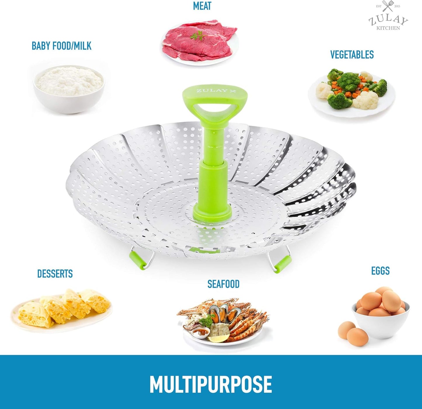 Zulay Adjustable Vegetable Steamer Baskets For Cooking - Foldable Steamer Basket (5.1" to 9") - Expandable Vegetable Steamer Basket Stainless Steel Fits Various Size Pots, Pans, & Pressure Cookers