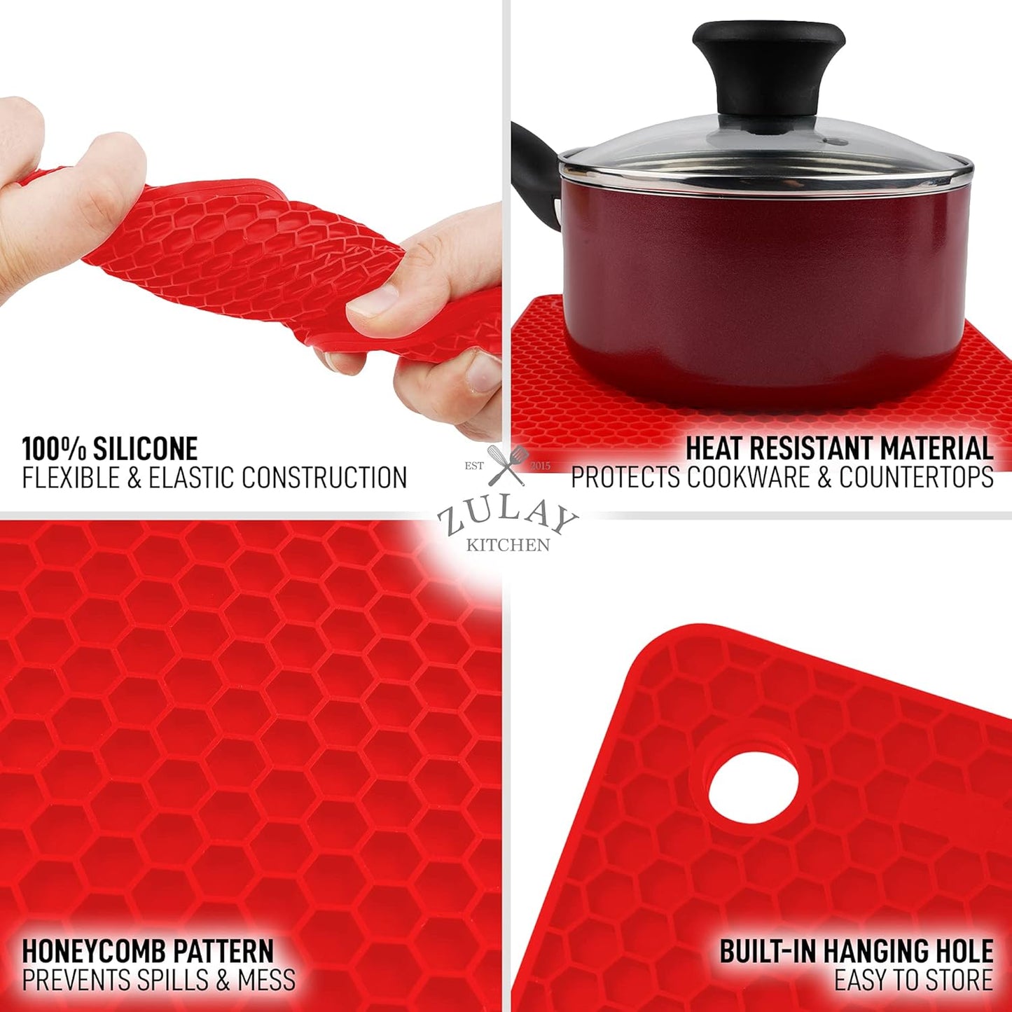 4 Pack Silicone Trivets - 7'x7' Silicone Pot Holders & Coasters - Non Slip, Heat Resistant Mat for Countertop & Table (Red)