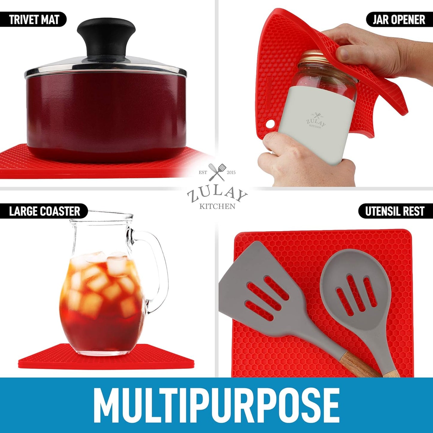 4 Pack Silicone Trivets - 7'x7' Silicone Pot Holders & Coasters - Non Slip, Heat Resistant Mat for Countertop & Table (Red)