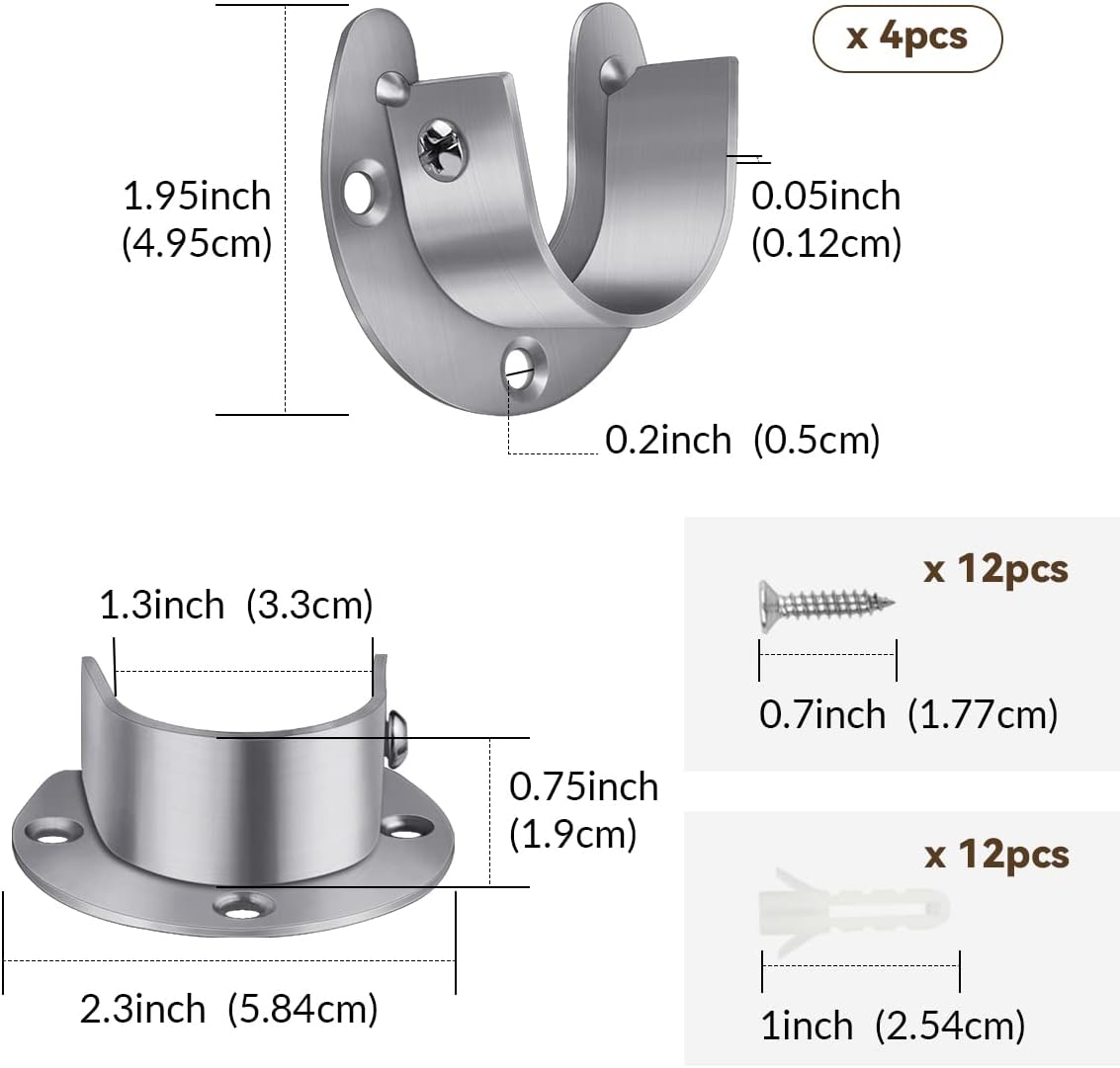 4 Packs Stainless Steel Wardrobe Bracket U-Shaped Rod Socket Flange 1-1/4" Diameter Heavy Duty Closet Rod Brackets End Supports for Closet Rod with Screws (Silver)