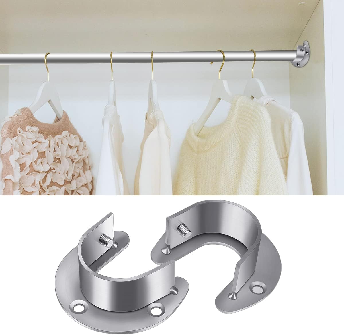 4 Packs Stainless Steel Wardrobe Bracket U-Shaped Rod Socket Flange 1-1/4" Diameter Heavy Duty Closet Rod Brackets End Supports for Closet Rod with Screws (Silver)