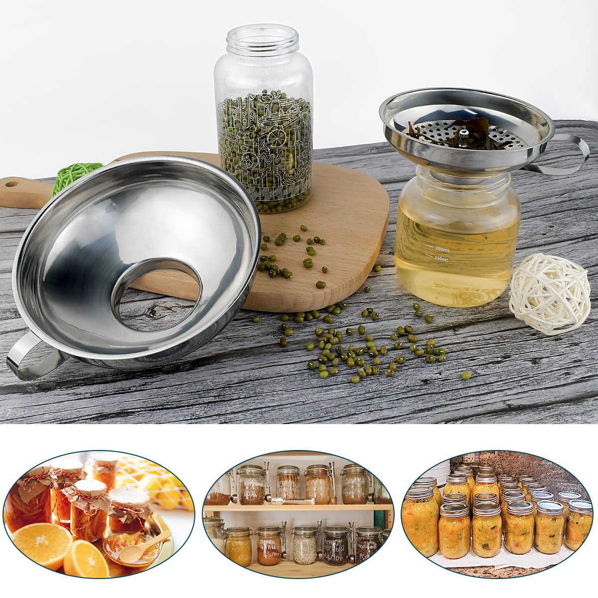 3 Pack Canning Funnel 3-in-1 Stainless Steel Funnel Set Wide Mouth Funnels with Detachable Strainer for transferring Liquid, Powder, jam, Grain, Oil, Spices