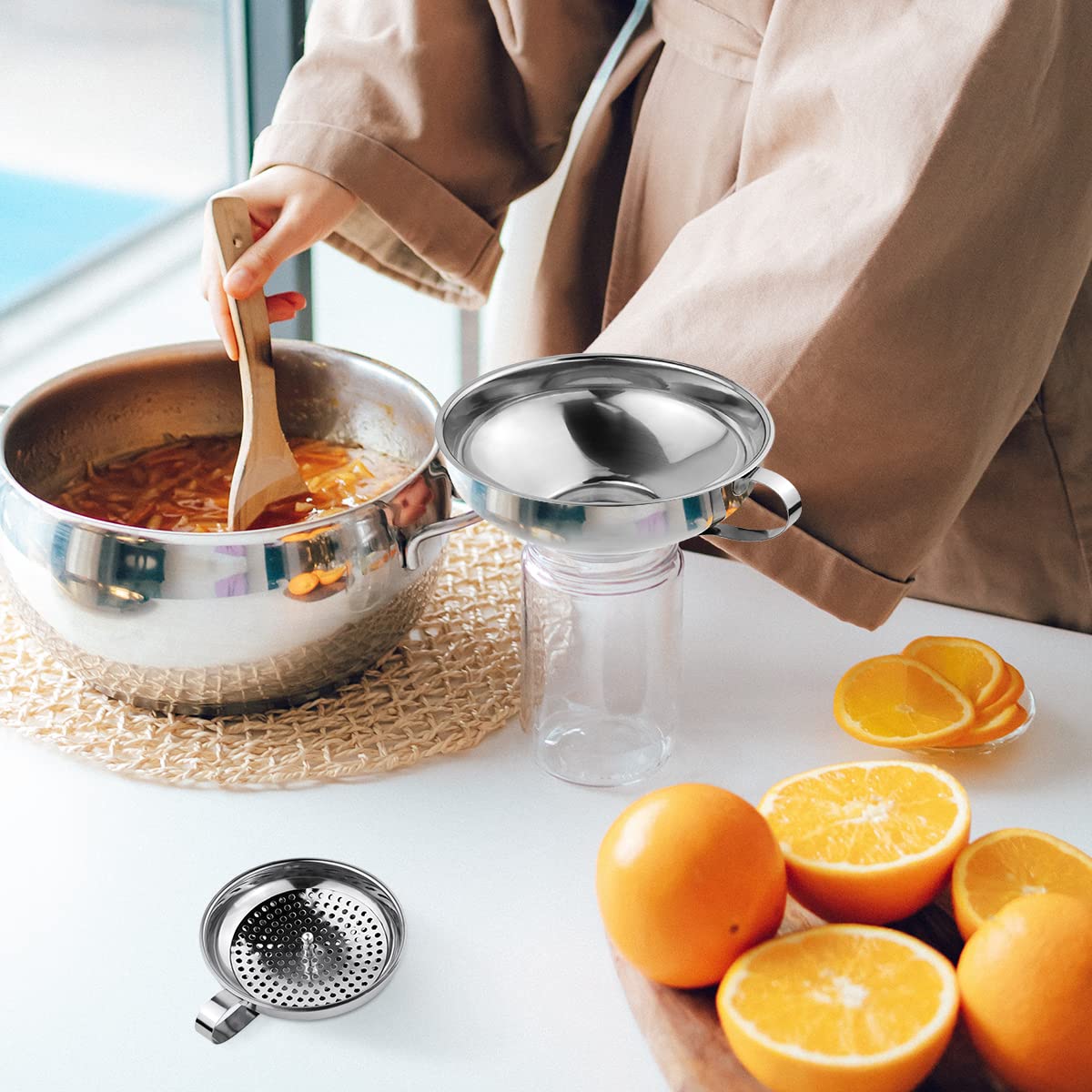 3 Pack Canning Funnel 3-in-1 Stainless Steel Funnel Set Wide Mouth Funnels with Detachable Strainer for transferring Liquid, Powder, jam, Grain, Oil, Spices